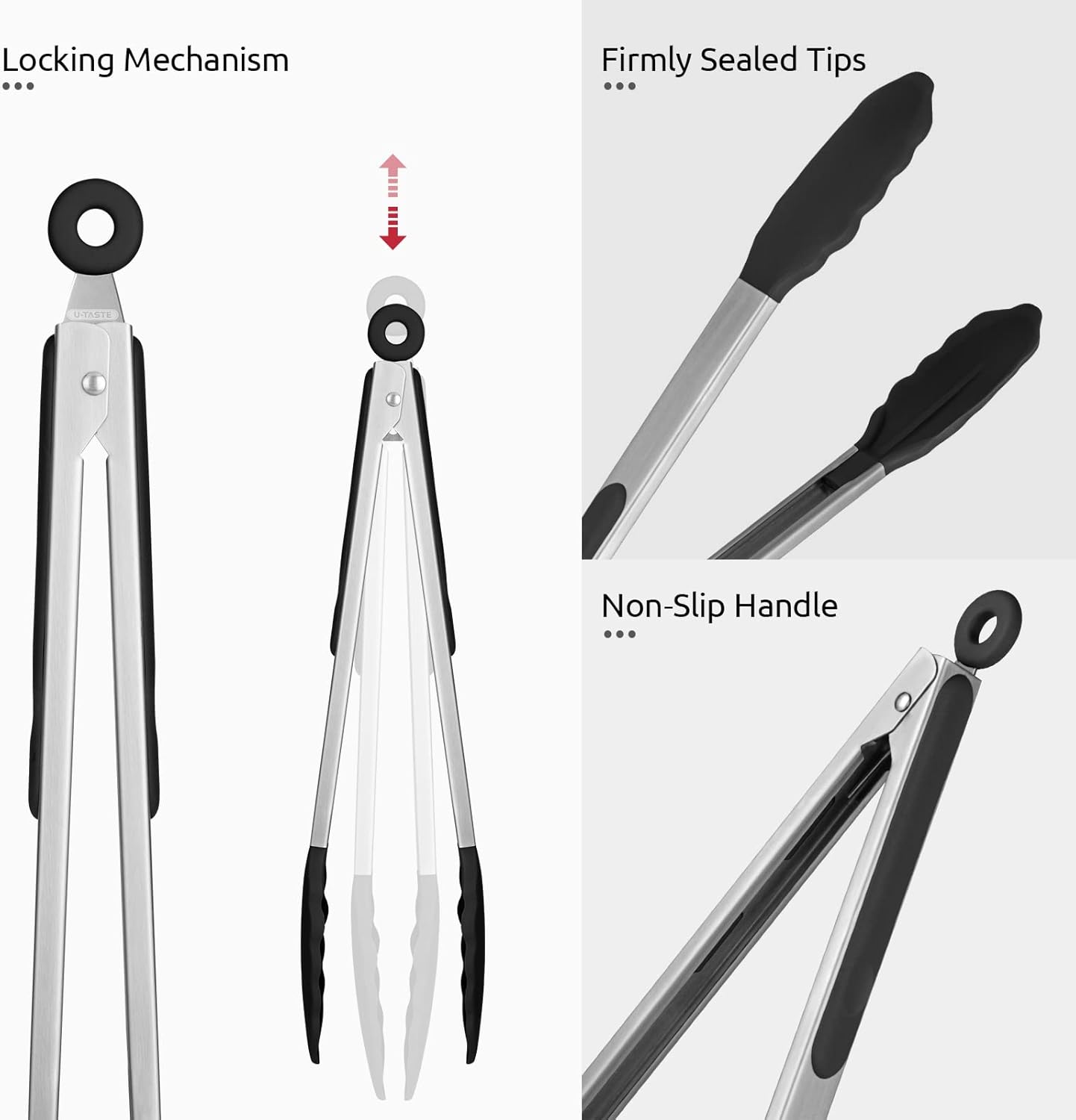 Heat Resistant Silicone Kitchen Tong: U-Taste 16 inch Extra Long Large 480ºF Hot Proof Cooking Tong with Sturdy Non Stick Rubber Tips & Non Slip Silicon Coated Steel Handle for Grilling BBQ (Black)