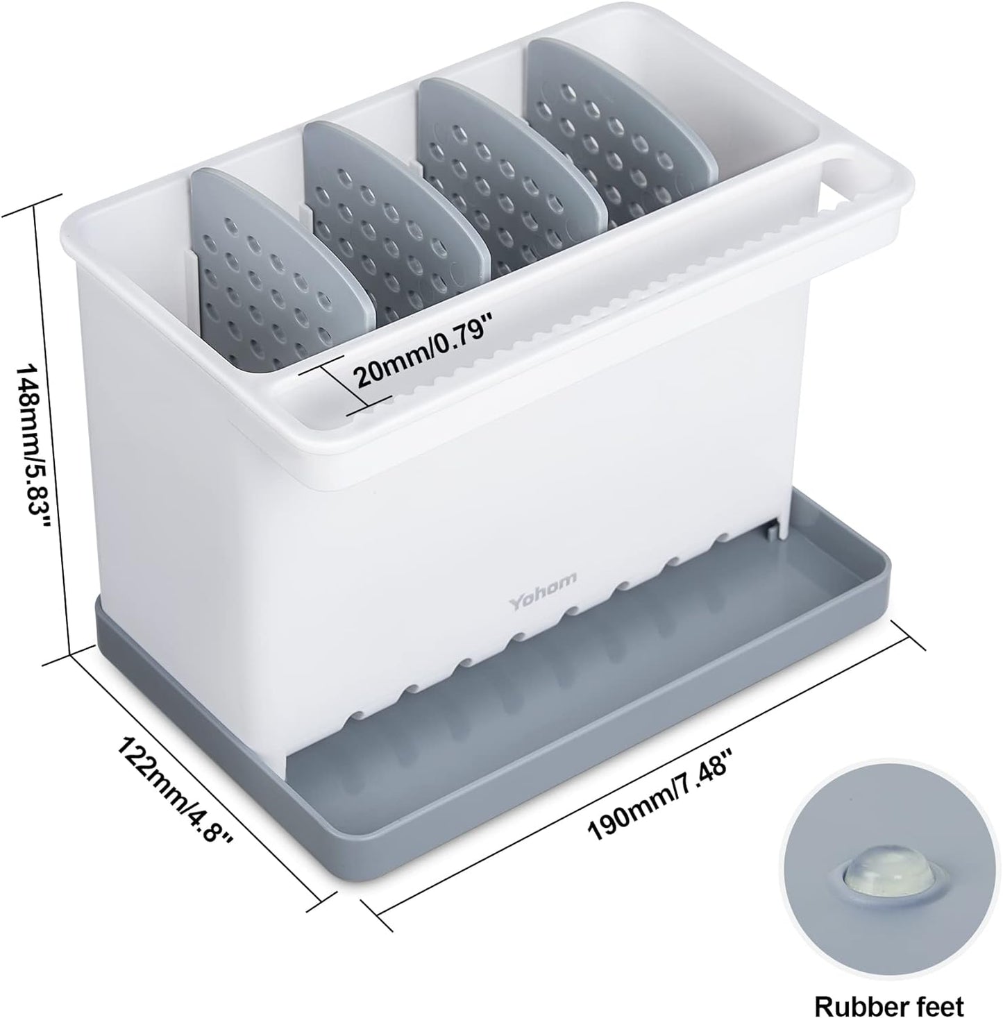 YOHOM Sink Brush Holder for Kitchen Sink Sponge Caddy Countertop Organizer Plastic Dish Scrubber Holder with Dividers
