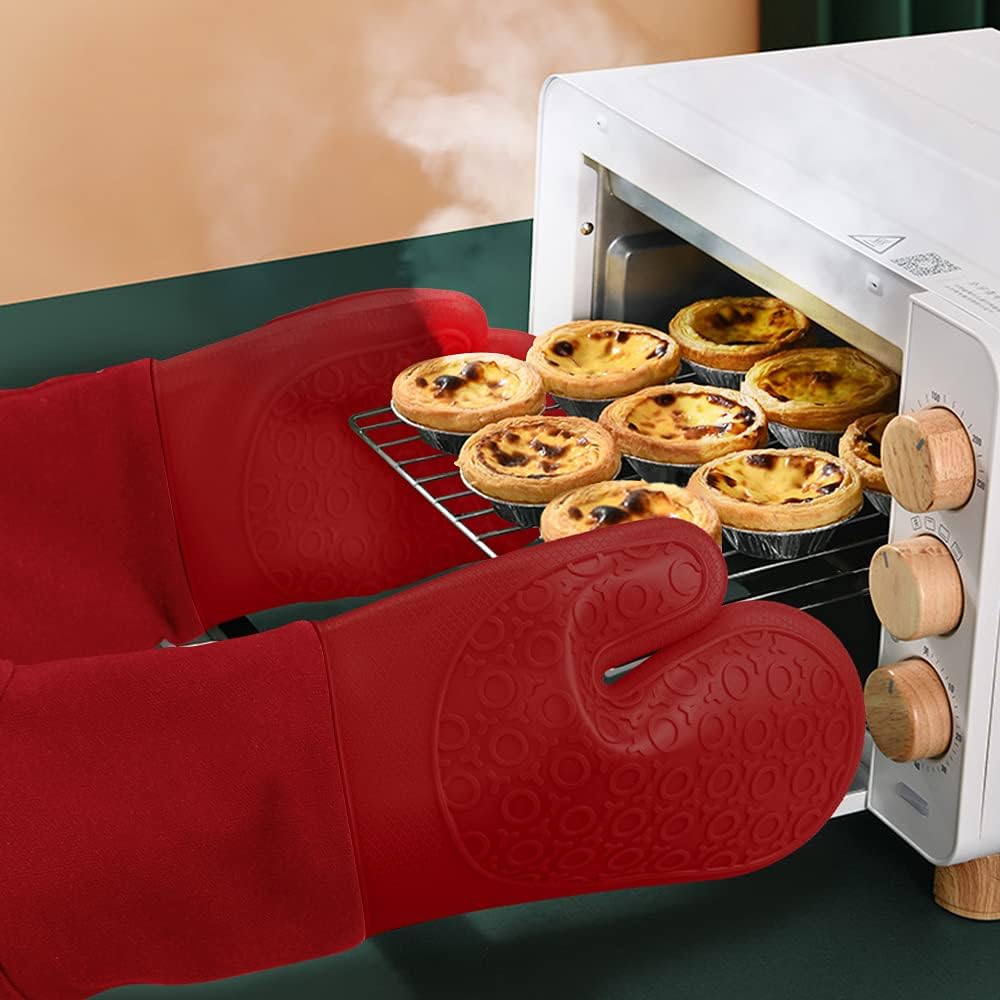 sungwoo Extra Long Silicone Oven Mitts, Heat Resistant Oven Gloves with Quilted Liner Non-Slip Textured Grip Perfect for BBQ, Baking, Cooking and Grilling - 1 Pair 14.6 Inch Empire Red