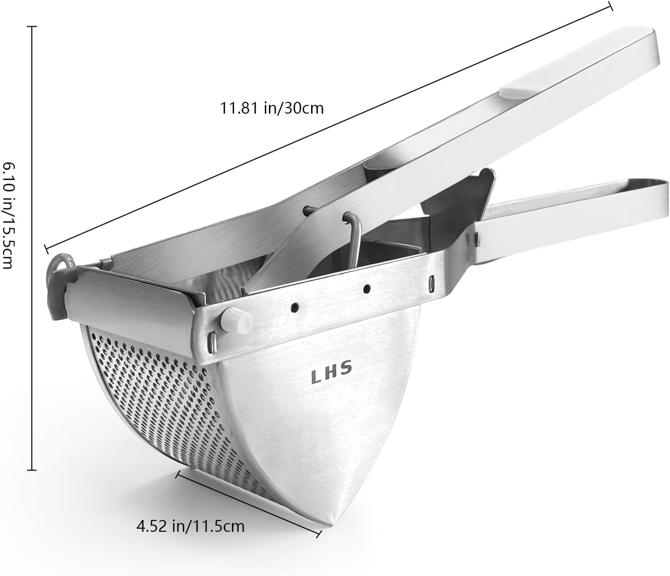 LHS Stainless Steel Potato Ricer and Masher, Heavy Duty Commercial Food Masher, Ergonomic Comfort Grip, Extra Large Capacity, Dishwasher Safe (White)