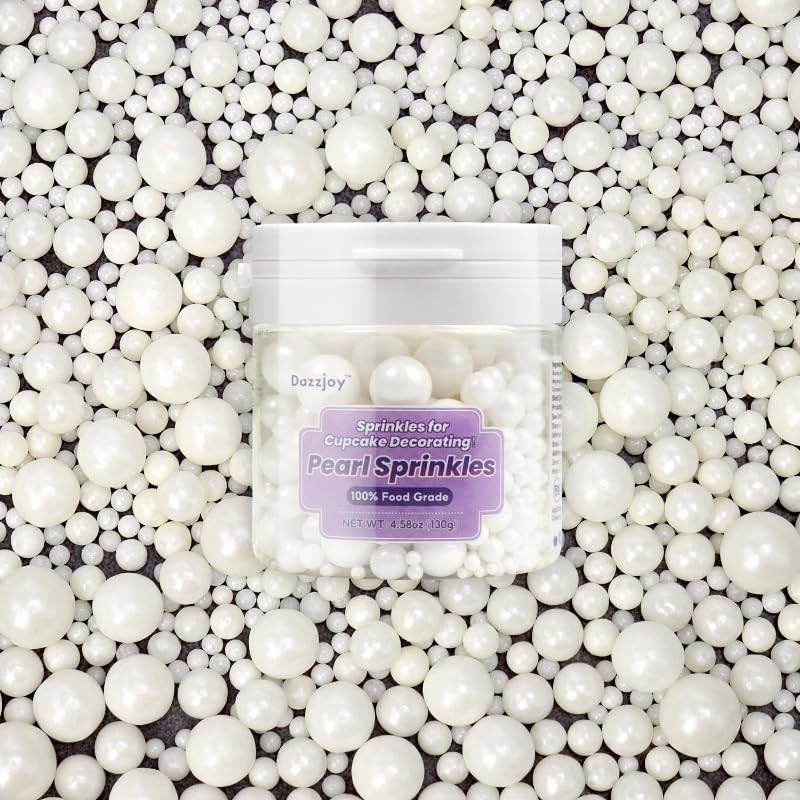 Dazzjoy Edible White Pearl Sugar Sprinkles, White Pearls for Cake Decorating, 130g/4.58oz, Candy Baking Cake Decorations, Cupcake Toppers & Cookie Decoration, Wedding Party Valentines Easter Supplies