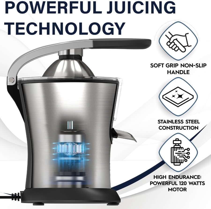 Eurolux Premium Electric Orange Juicer | Stainless Steel Citrus Squeezer With New Ultra-Powerful Motor and Soft Grip Handle for Effortless Juicing, Auto Shutoff, Dishwasher-safe Parts, Pulp Control