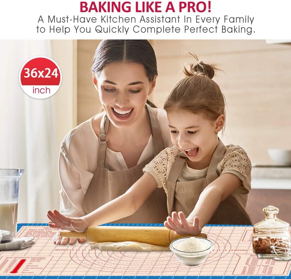 Silicone Pastry Mat 36 x 24 Inch - Larger Silicone Baking Pastry Mat for Rolling Dough,Non Slip Silicon Dough Sheet with Measurement,Perfect for Making Pie,Pizza,Blue