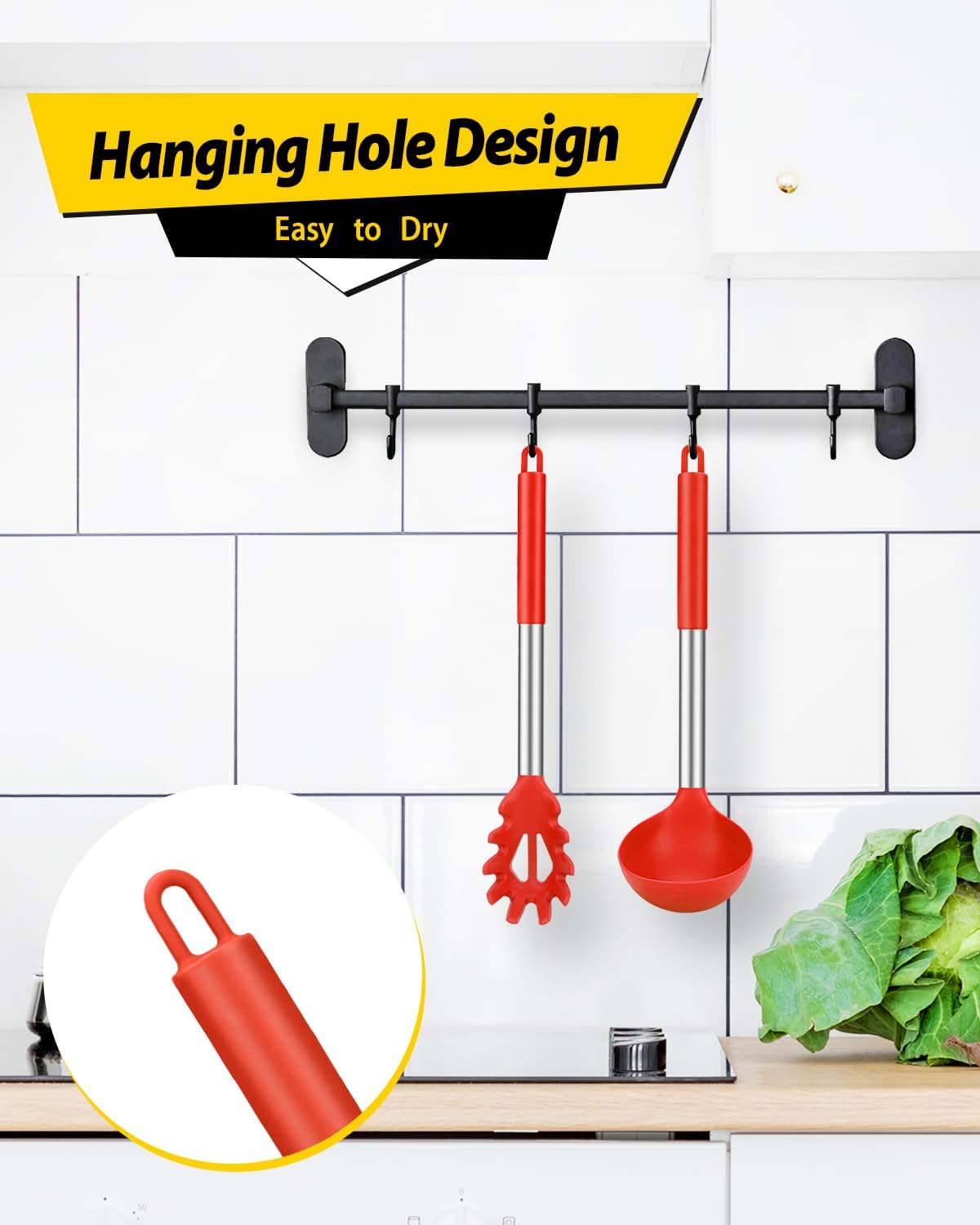 Silicone Pasta Fork and Ladle Spoon Set, Large Non Stick Kitchen Utensils for Cooking,Stirring,Serving Spaghetti, Soup, Sauce (RED)