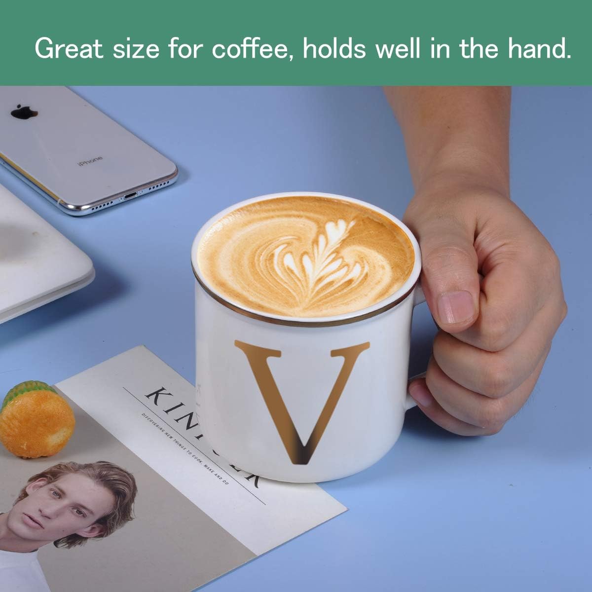 Miicol Ceramic Coffee Mug 16 oz, Monogram Coffee Cup, Golden Initial Tea Mug, Personalized Tea Cup, Unique Gift, Large Mug for Home, Office, Letter V