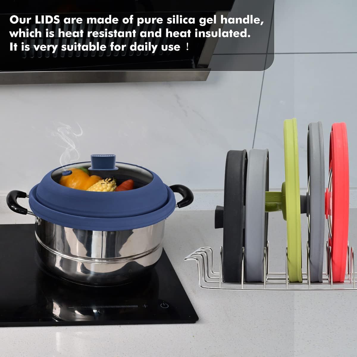 Microwave Splatter Cover Glass Cover Guard Lid with Collapsible Silicone for Food Pot Plate Cover 10.8 inch Dark Blue