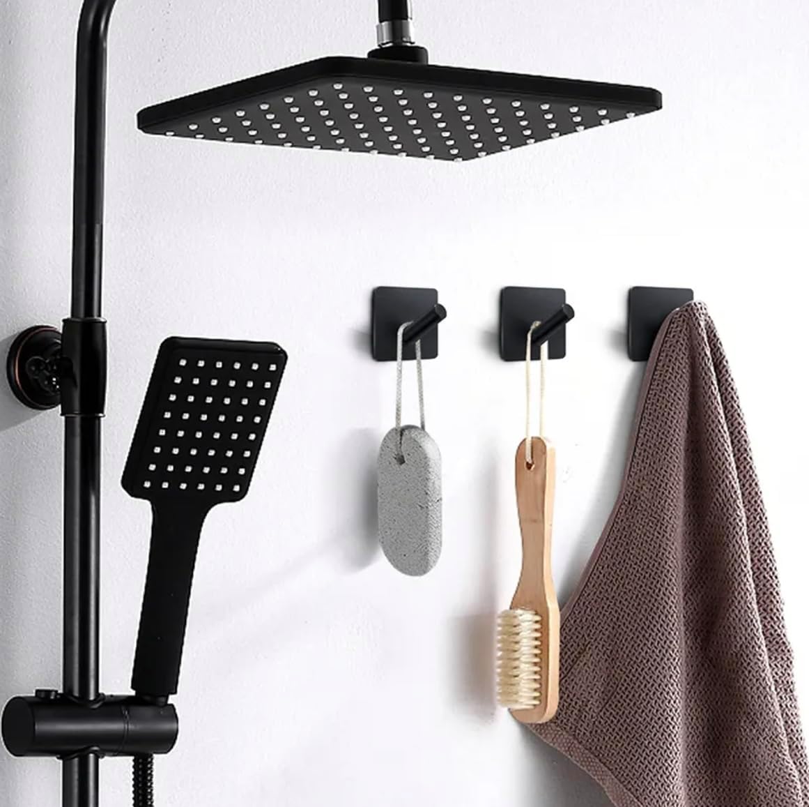 Adhesive Hooks- 4 Pcs, Towel Hooks for Inside Shower, Heavy-Duty Adhesive Wall Hook, Rust-resitant Hooks for Hanging, Sticky Hook for Walls No Damage (Black)