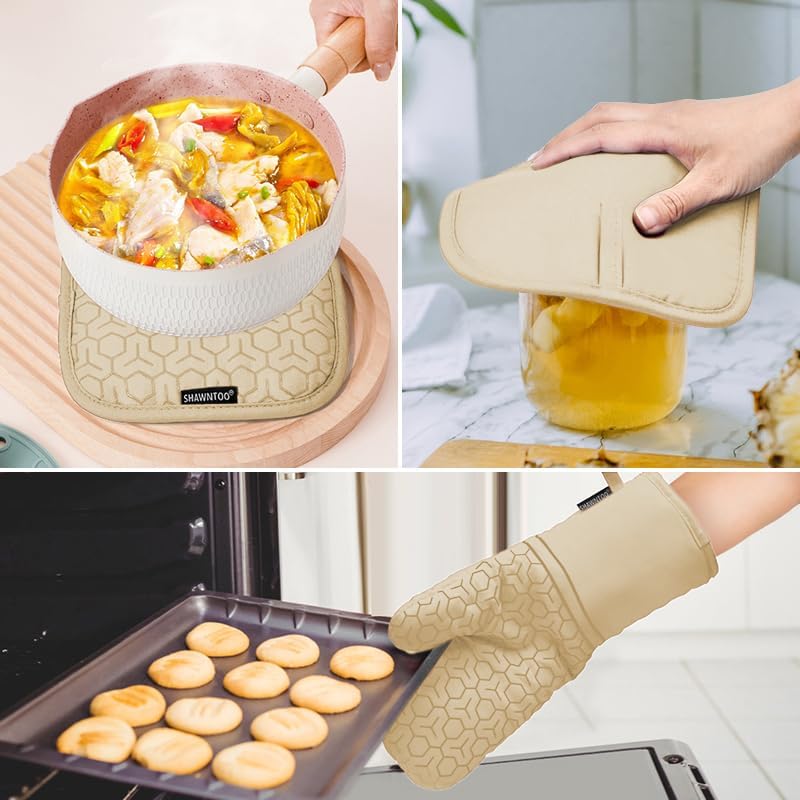 Oven Mitts and Pot Holders Sets 6pcs, Kitchen Oven Glove,High Heat Resistant 550 Degree Extra Long Oven Mitts and Potholders with Non-Slip Silicone Surface for Home Essentials (Grey) (Khaki)