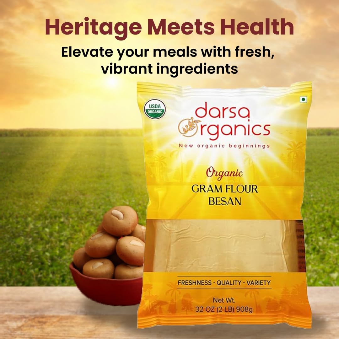 Darsa Organics Gram Flour - 2 lb Besan Flour, USDA Organic, Chemical Free, Non-GMO, Kosher, Premium Chickpea Flour for Cooking & Skin Care, Ideal for Gluten Free Diets & Face Masks