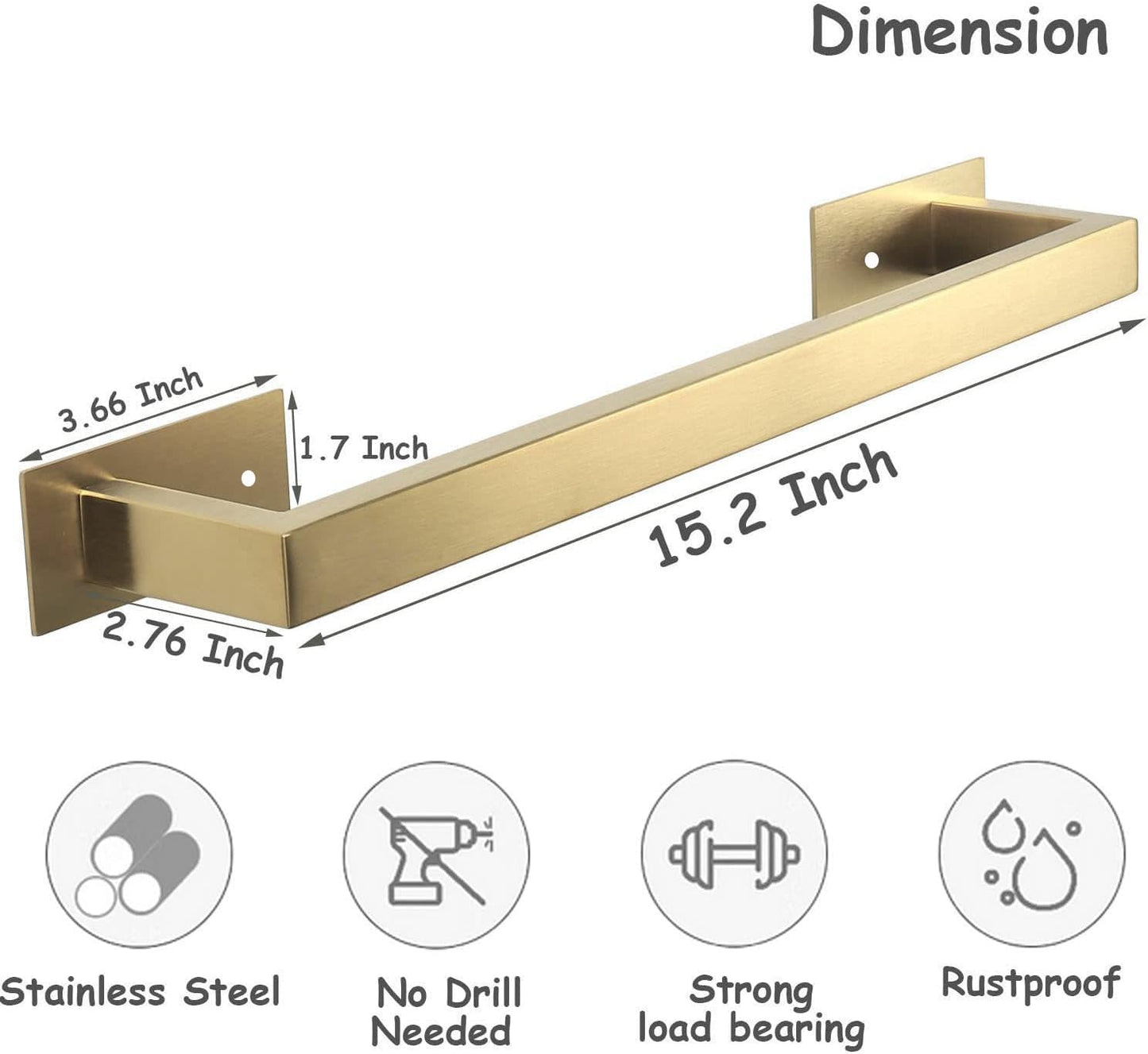 Bathroom Towel Bar Self Adhesive, No Drilling Towel Rack Easy to Install,Hand Towel Holder Made of Premium Stainless Steel Sticky on Hand Towel Hanger for Kitchen, Toilet.(16IN, Gold)