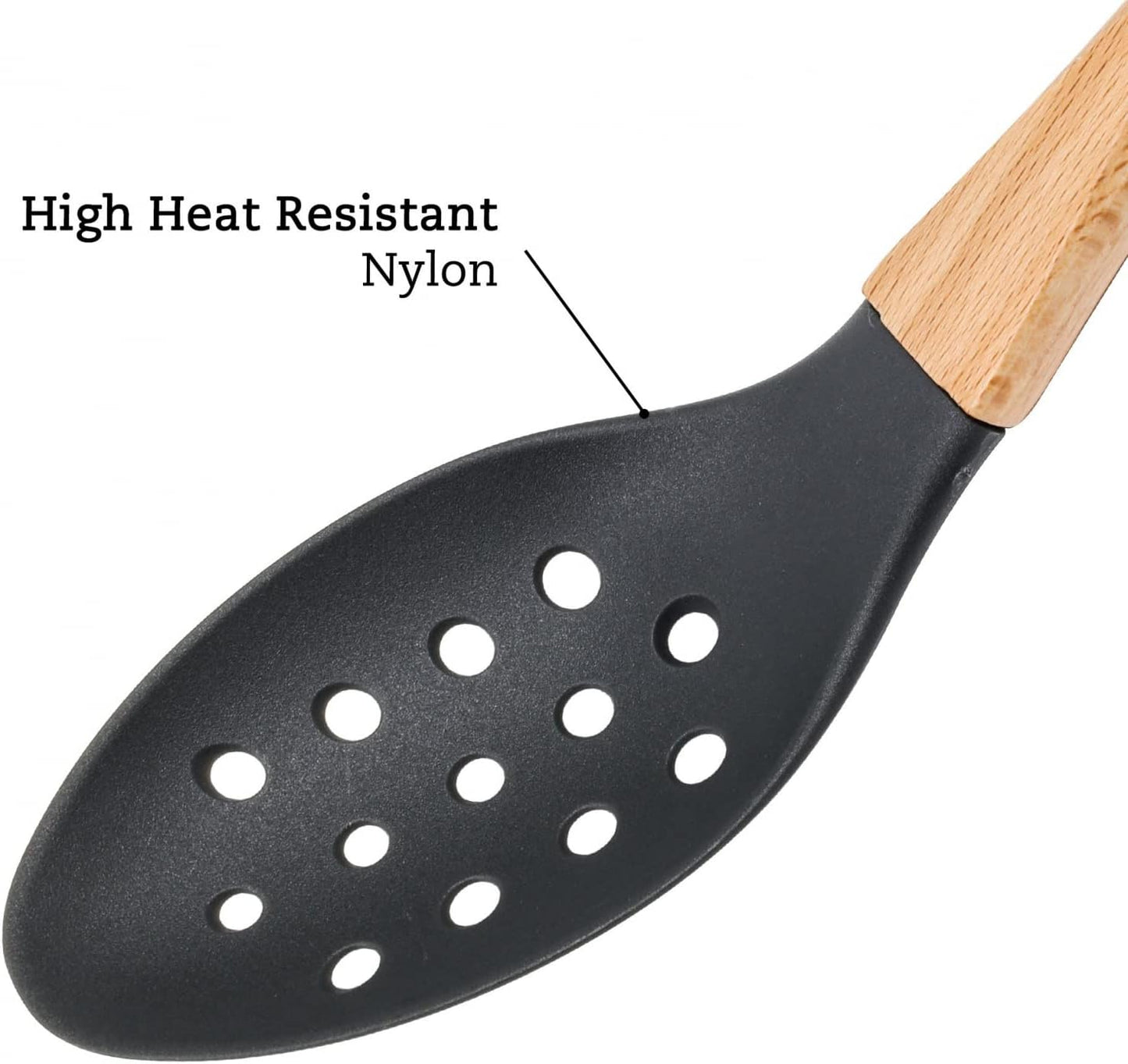 Beille Grey Nylon Slotted Spoon with Wooden Handle Kitchen Utensils High Heat Resistance, 13 Inch