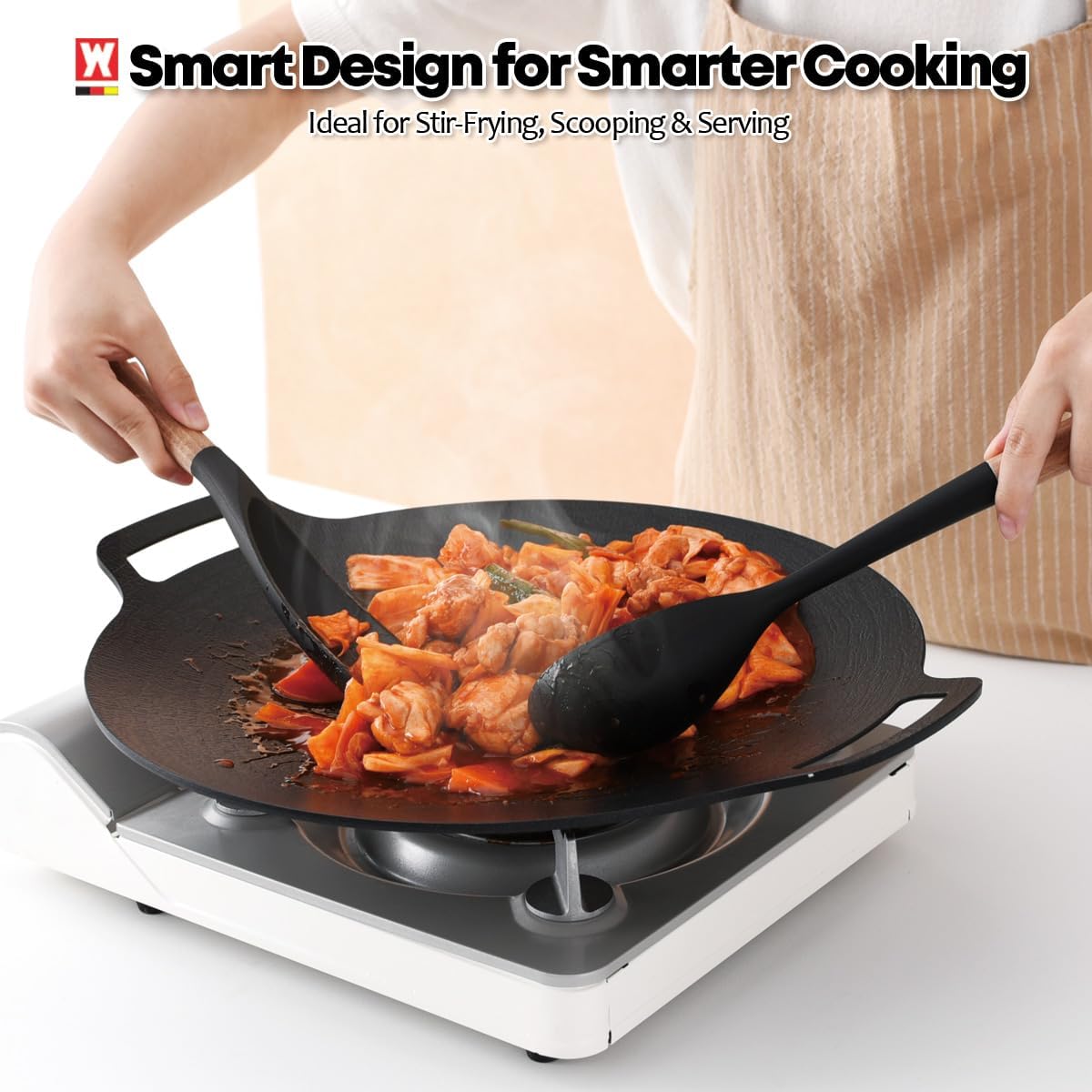 Silicone Cooking & Serving Spoon: Multi-Purpose Cooking Tool for Basting Serving Scooping Scraping Mixing Basting, Non-stick Cookware Safe, Wooden Handle Design