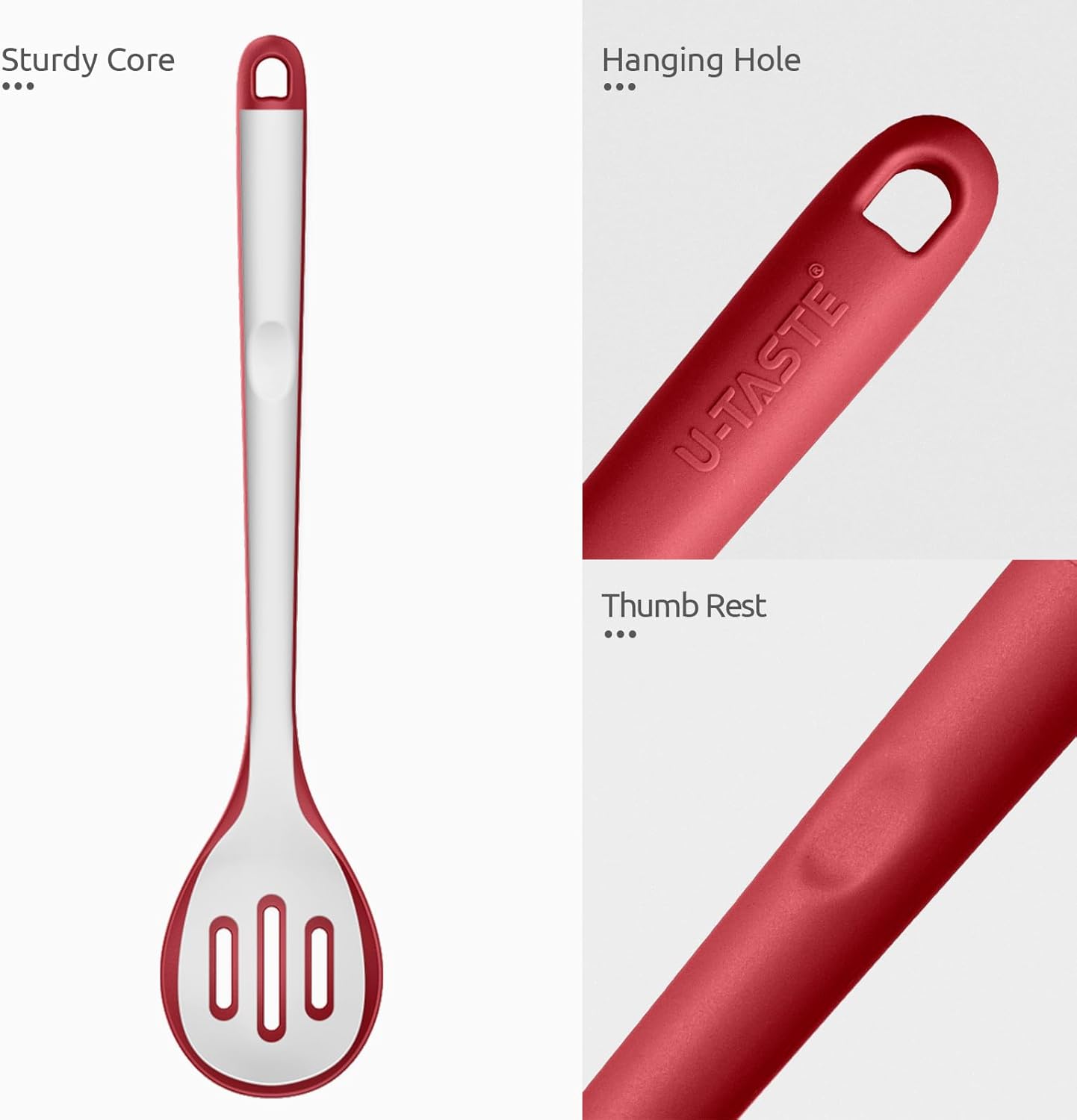 600ºF Heat Resistant Slotted Spoon: U-Taste 13.3in Solid Kitchen Cooking Spoon, Nonstick Food Grade Large & Long Rubber Utensil for Mixing, Serving, Stirring, Basting, Frying, Draining (Red)