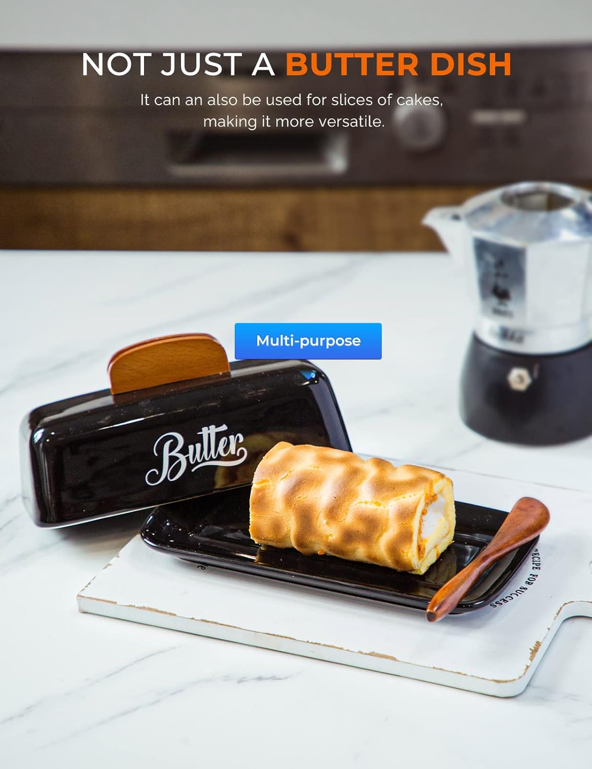 Black Butter Dish with Lid and Knife,Black Butter Tray,Ceramic Butter Holder for Counter Humanized Clamp-able Knife Handle Design Perfect for East West Coast Butter