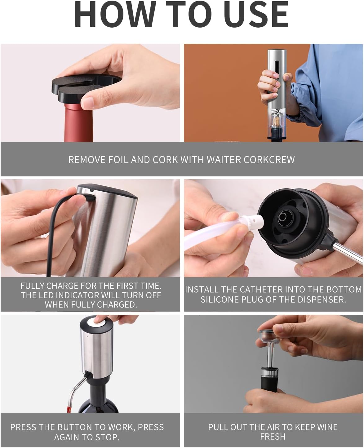 CIRCLE JOY 6-in-1 Electric Wine Opener Set Rechargeable Stainless Steel Wine Opener Gift Set with Foil Cutter, Rechargeable & Manual Wine Aerator Pourers, Vacuum Wine Stopper and Storage Base, Silver