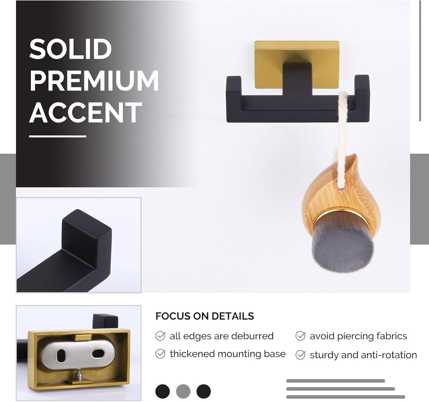 Angle Simple Double Towel Hook Black & Gold, Stainless Steel Bathroom Towel Holder, Coat Robe Hook Wall Mount