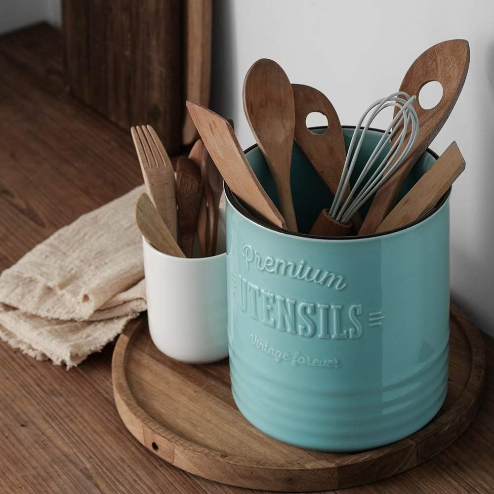 DOWAN 7.2″ Extra Large Kitchen Utensil Holder - Farmhouse Utensil Holder for Countertop - Ceramic Utensil Crock with Protection Cork Mat - Kitchen Decor & Housewarming Gift (Turquoise)