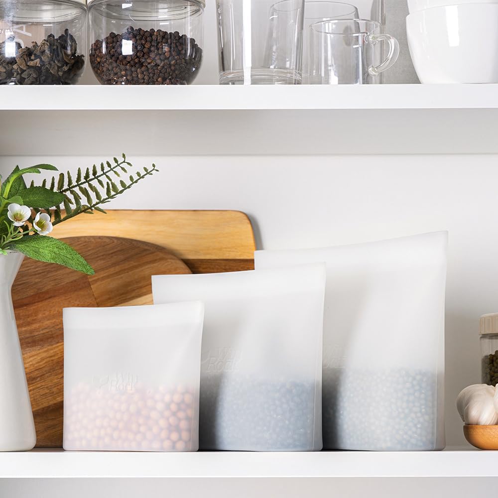 Reusable 100% Silicone Food Storage Bags, Sandwich Snack Bags New Generation Stand Up Zip Container for Soup and Leftovers, Plastice & BPA Free, Microwave Oven Safe 3 Pack (51oz, 34oz, 17oz)