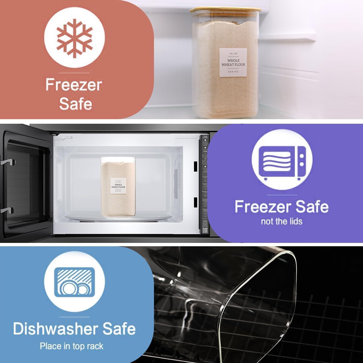 2 Pack large Square Glass Flour and Sugar Containers with 132 Kitchen Pantry Labels - Thicken 149 floz Glass Storage Jars with Airtight Bamboo Lid - Big Rice Canisters for Coffee, Pasta, Cereal