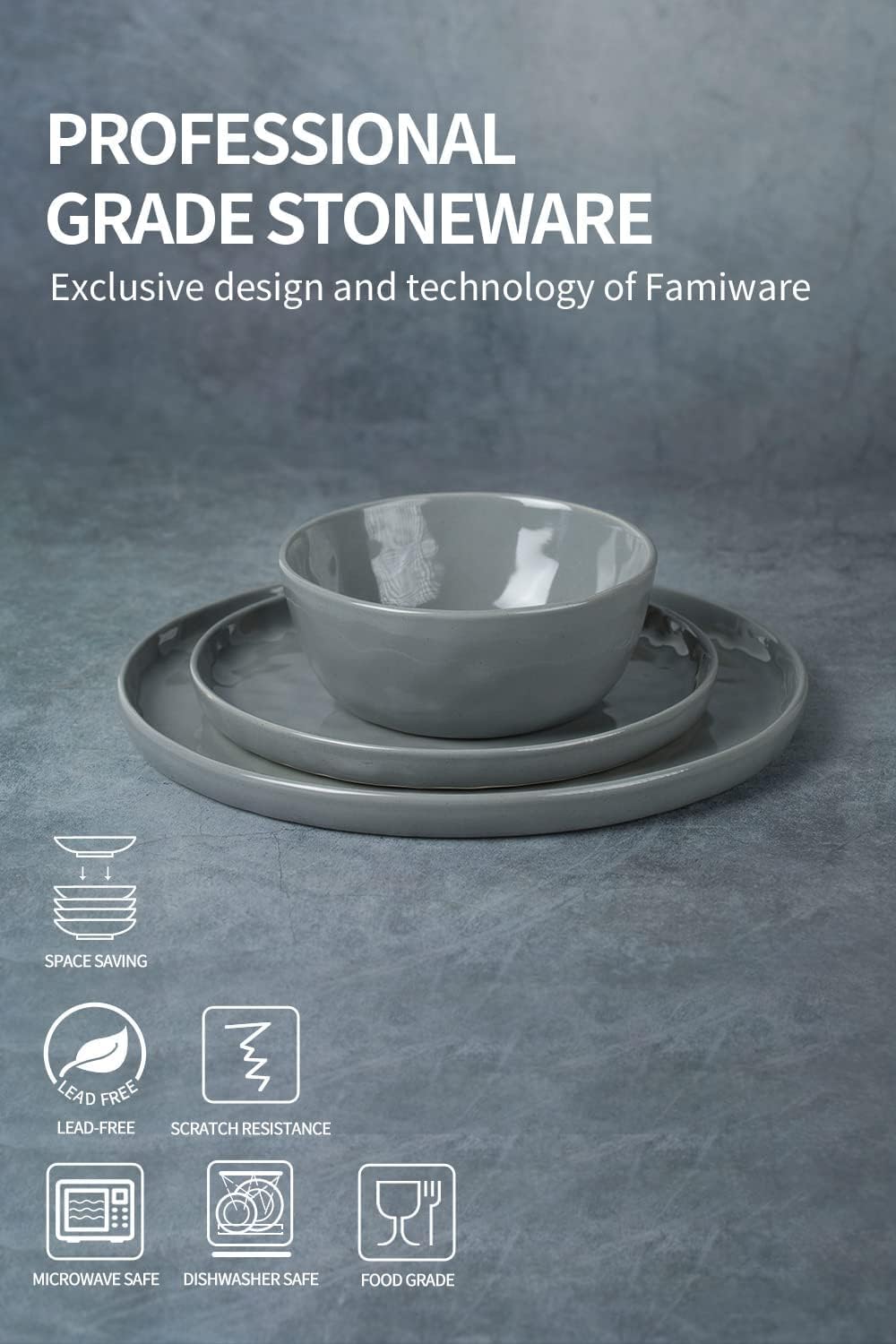 Famiware Mars Plates and Bowls Set, 24 Pieces Dinnerware Sets, Dishes Set for 8, Dark Gray