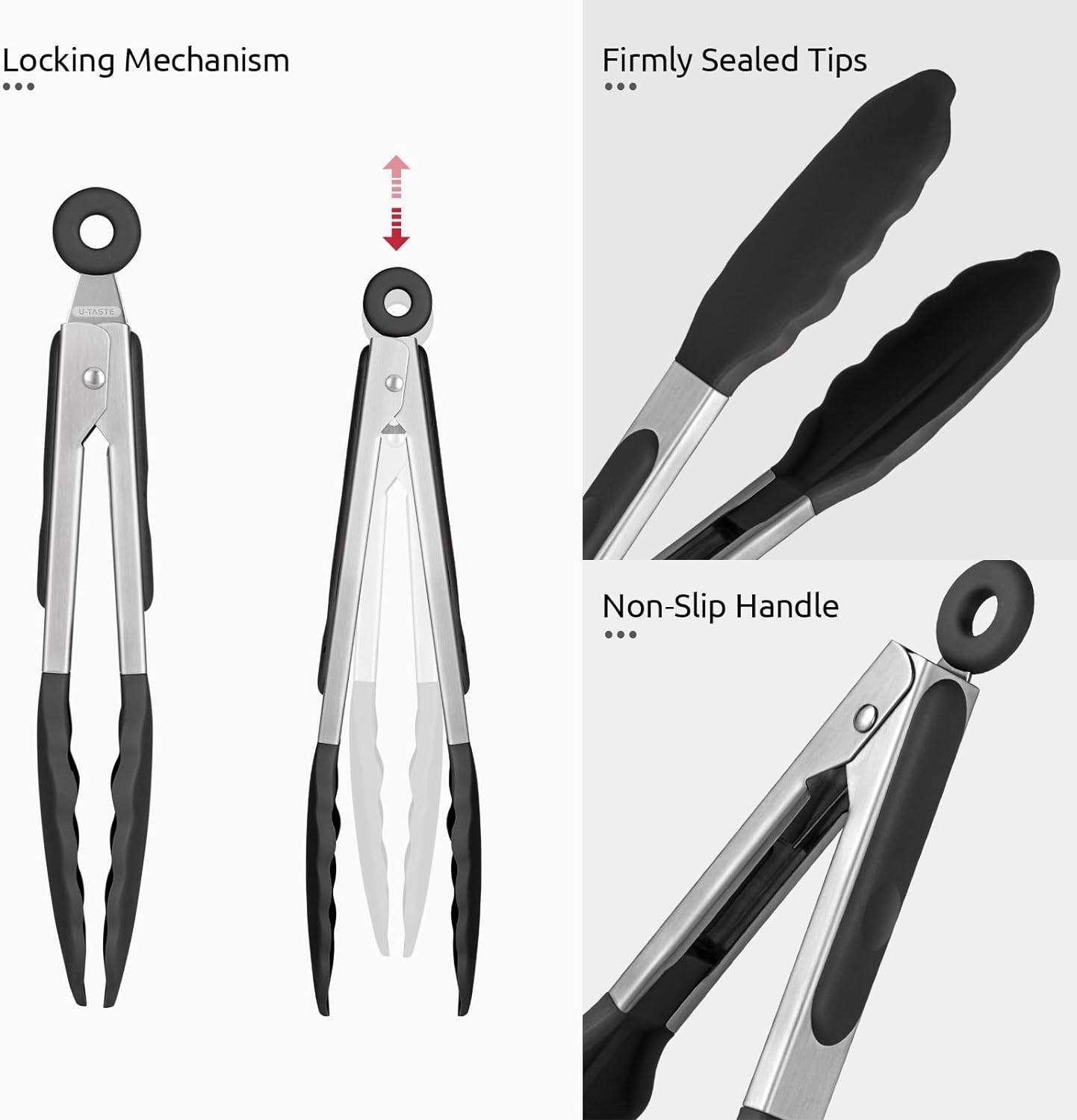 480ºF Heat Resistant Kitchen Tong: U-Taste 7 inch Silicone Cooking Tong with Firm Sealed Non Stick Rubber Tips & Silicon Coated 18/8 Stainless Steel Handle & Smooth Locking for Serving Salad (Black)