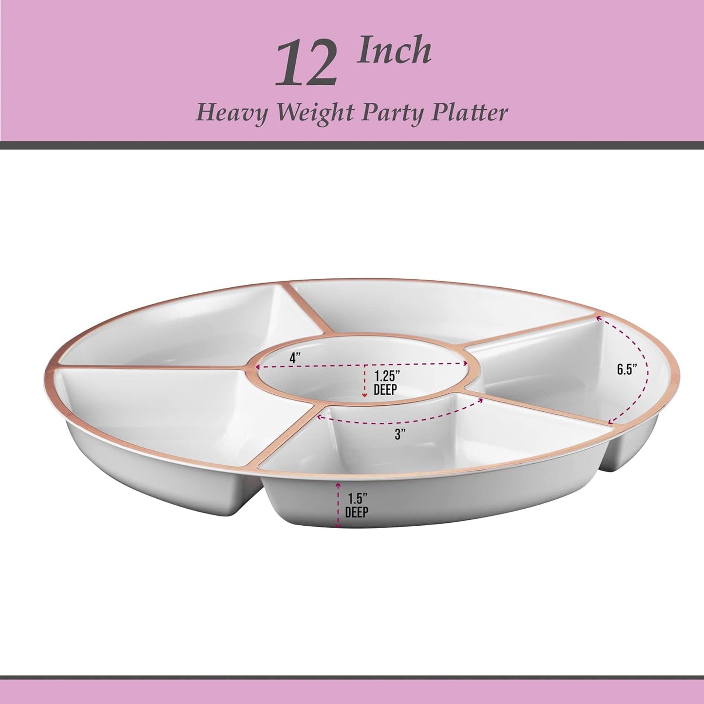Plasticpro 6 Sectional Round Plastic Serving Tray/Platter (2, White & Rose Gold)