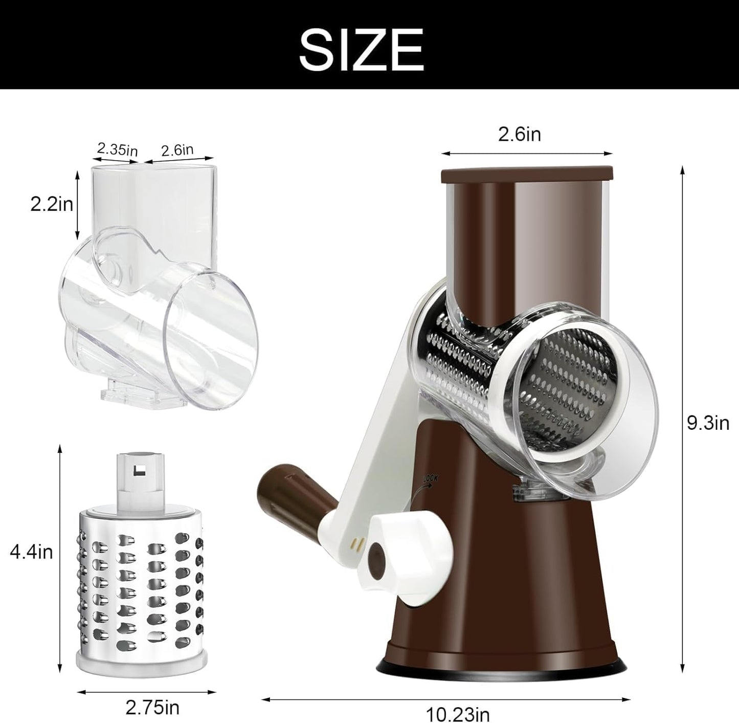 Cambom Rotary Cheese Grater Hand Crank Cheese Shredder for Fresh Cheese, Vegetable, Nuts,Non-slip Suction Base, Free Cleaning Brush Three Blades, Coffe Color