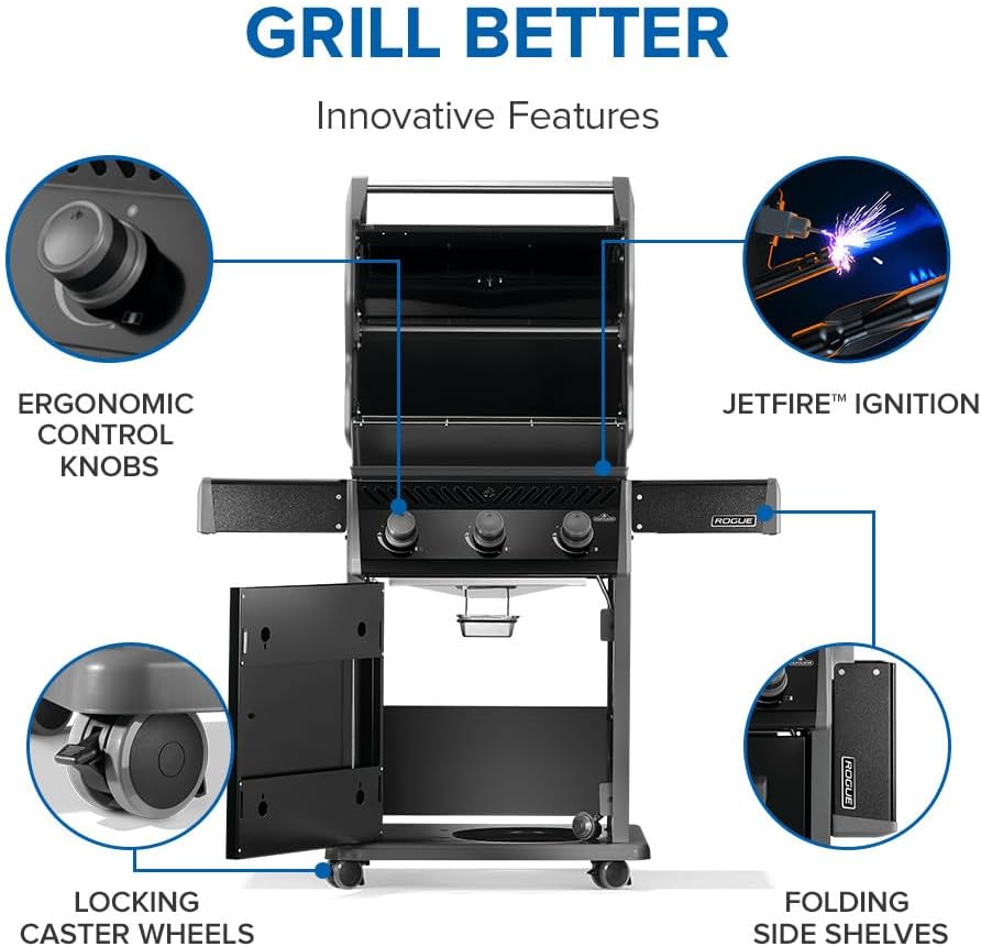 Napoleon Rogue 425 Natural Gas Grill, Black, Durable 3-Burner Outdoor BBQ