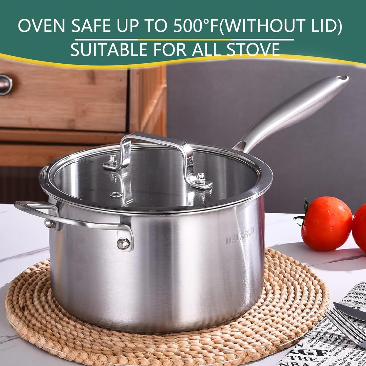 DELARLO Tri-Ply Stainless Steel Saucepan, 3.5 QT Saucepan with Lid, All Stove Compatible 600℉, Induction Sauce Pot, Heavy Duty Saucier Pot, Dishwasher Safe Saucepan, Induction Pot 3.5 Quart, Even Heat