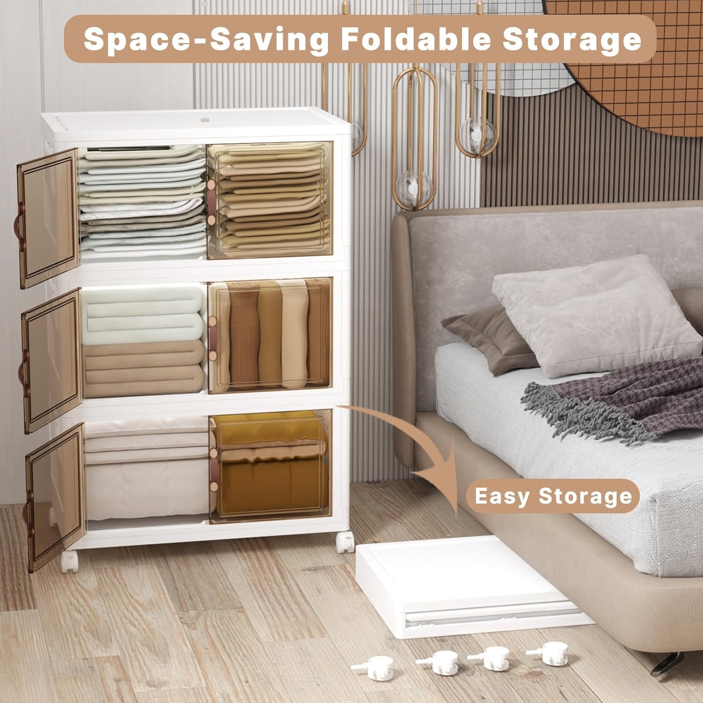 Extra Large Stackable Storage Bins with Lids and Wheels, Foldable Collapsible Closet Organizers,672QT-168QT/42GAL*4Pack Plastic Stackable Storage drawers for bedroom Dorm