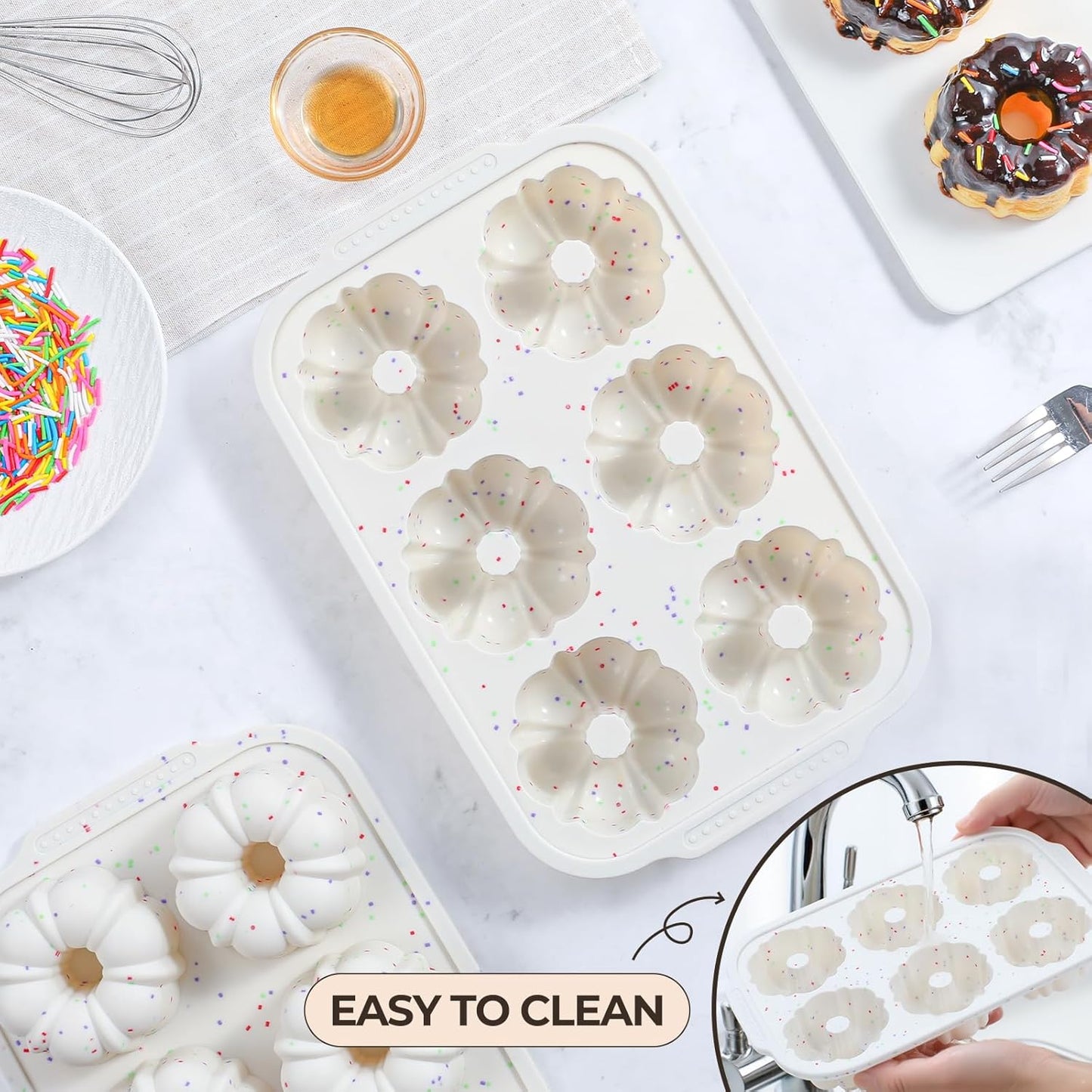 Mini Bundt Cake Pans for Baking, 2Pcs Silicone 6-Cavity Fluted Tube Cake Pan with Metal Reinforced Frame, Nonstick Baking Molds for Cupcake, Brownie, Donuts, Cornbread, Jello