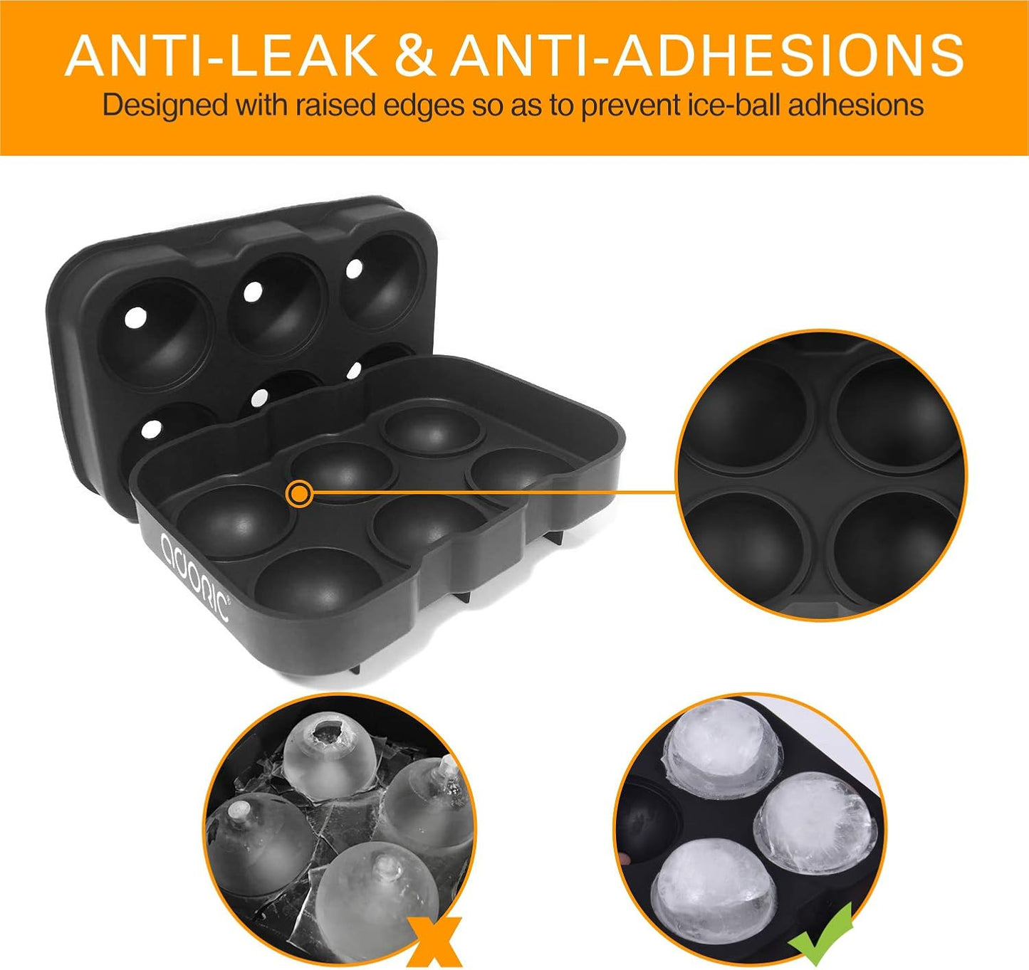 Ice Cube Trays (Set of 2), Sphere Ice Ball Maker & Square Large Ice Cube Molds, Freezer Molds for Whiskey, Cocktails, Homemade Drinks-Reusable & BPA Free