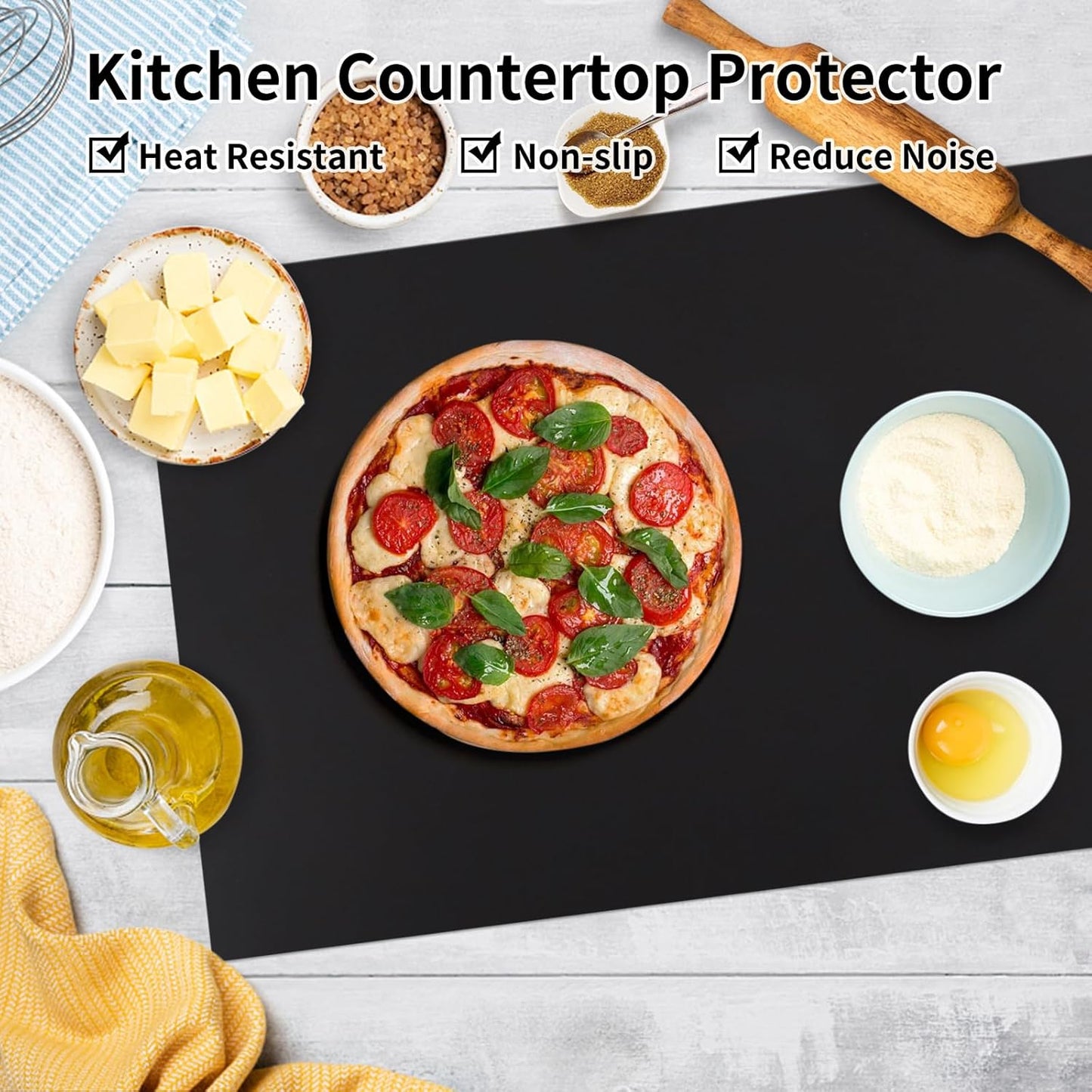 Silicone Mats for Kitchen Counter Thicker Extra Large Heat Resistant Mats Countertop Protector Liners for Bottom of Oven Air Fryer Coffee Maker, 24" x 16" x 2 mm, Black