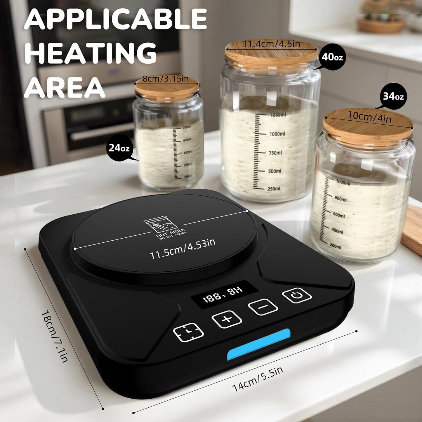 Sourdough Starter Warmer Mat - 24H Timer - Precise 1°F Thermostat Control (70-100°F) - Smart Memory Warming On/Off - Fits Jars Up to 40oz - Perfect for Home Baking (Black)