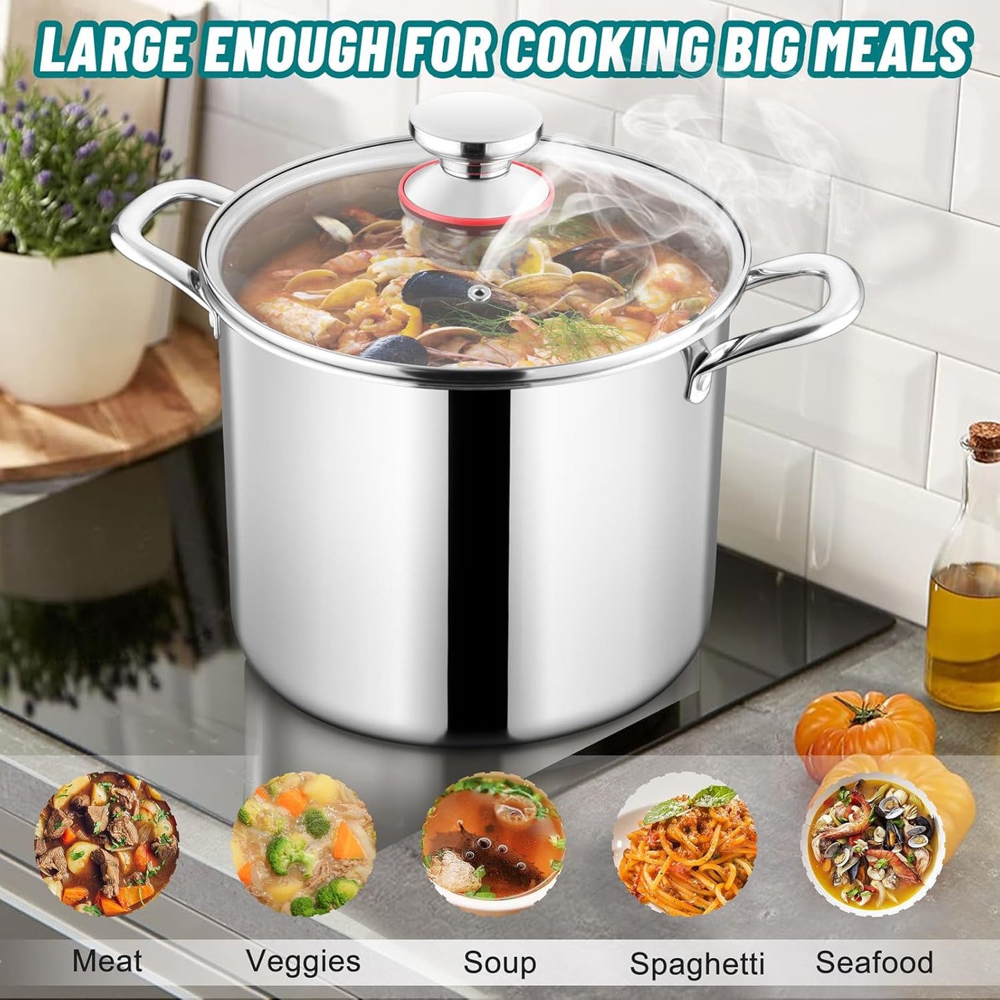 TeamFar 10 Quart Stock Pot, Stainless Steel Tri-ply Large Stockpot Pasta Soup Cooking Pot with Glass Lid, for Induction Gas Ceramic Electric, Nontoxic & Heavy Duty, Ergonomic Handles & Dishwasher Safe