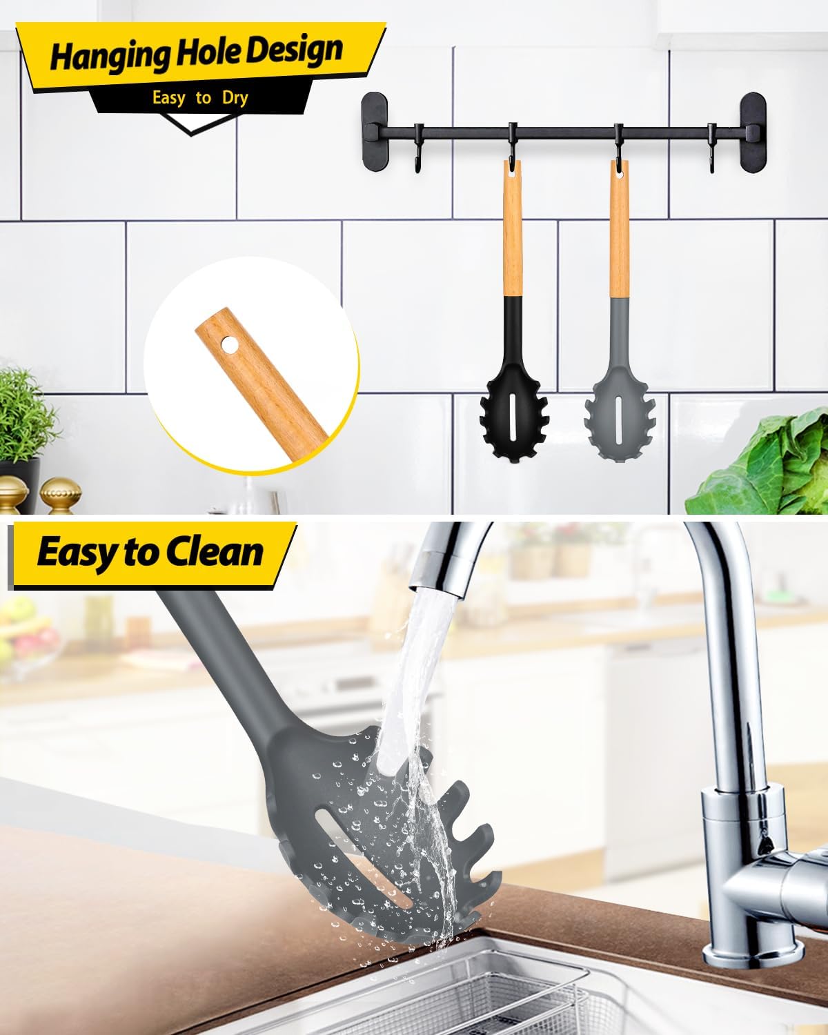 Pack of 2 Spaghetti Spoon, Silicone Pasta Fork with Wooden Handle, Heat Resistant Noodle Spoon Server, BPA Free Spaghetti Strainer(BLACK-GRAY)