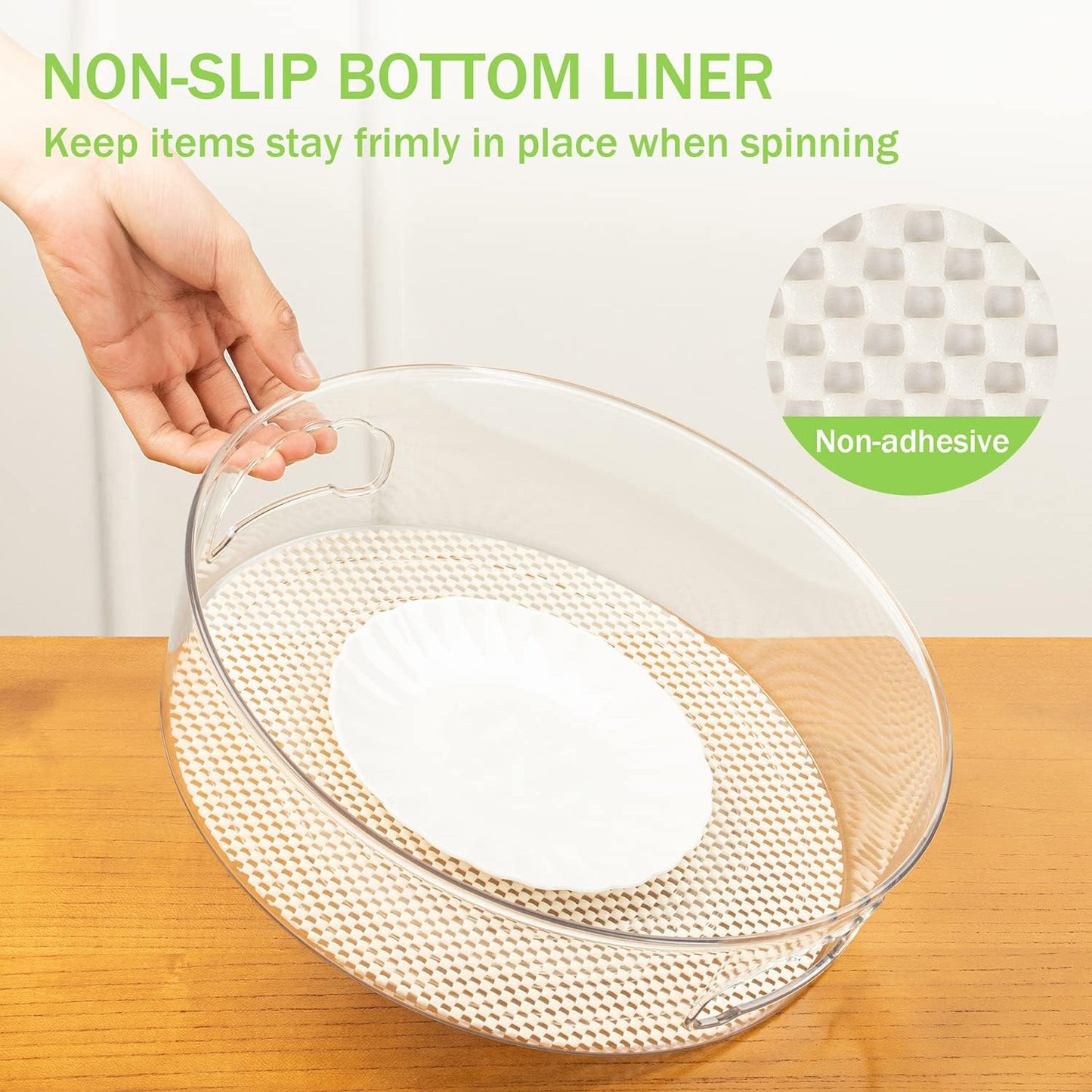 2 Pack Lazy Susan Cabinet Organizer with Handle 12 inch, Clear Spinning Lazy Susan Turntable for Pantry, Kitchen Sink, Corner Cabinet, Bathroom, Countertop, Non-Skid Liners Included, Free Rotating