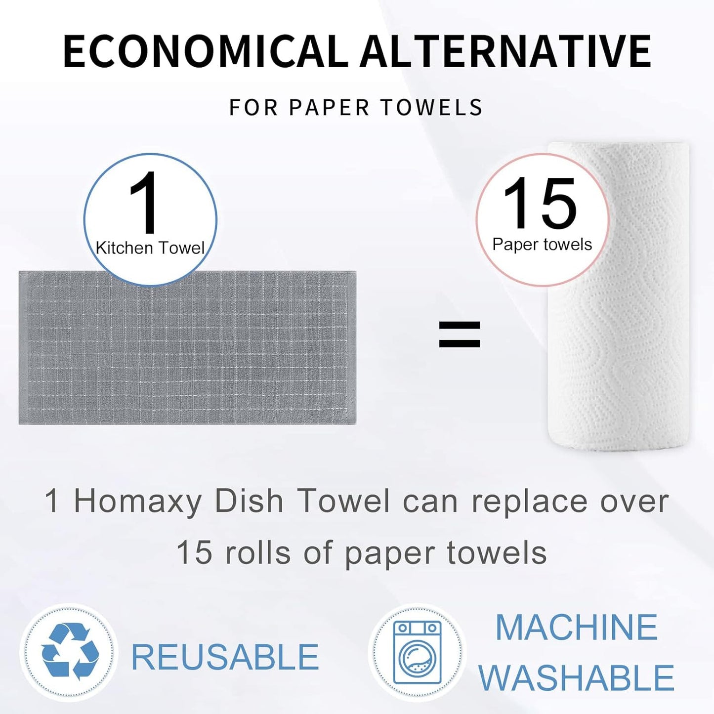 Homaxy 100% Cotton Terry Kitchen Towels(Grey, 13 x 28 inches), Checkered Designed, Soft and Super Absorbent Dish Towels, 6 Pack