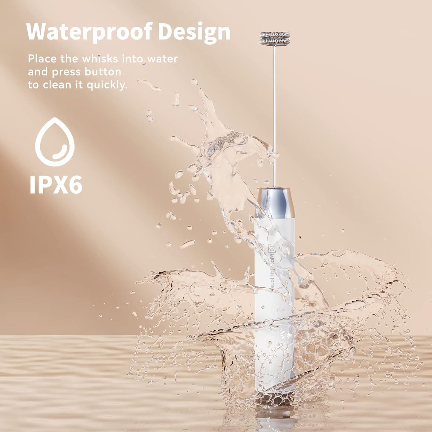 Maestri House Rechargeable Milk Frother with Stand, LunaFro Handheld Electric Foam Maker Waterproof Detachable Stainless Steel Whisk Drink Mixer Foamer for Lattes, Cappuccino