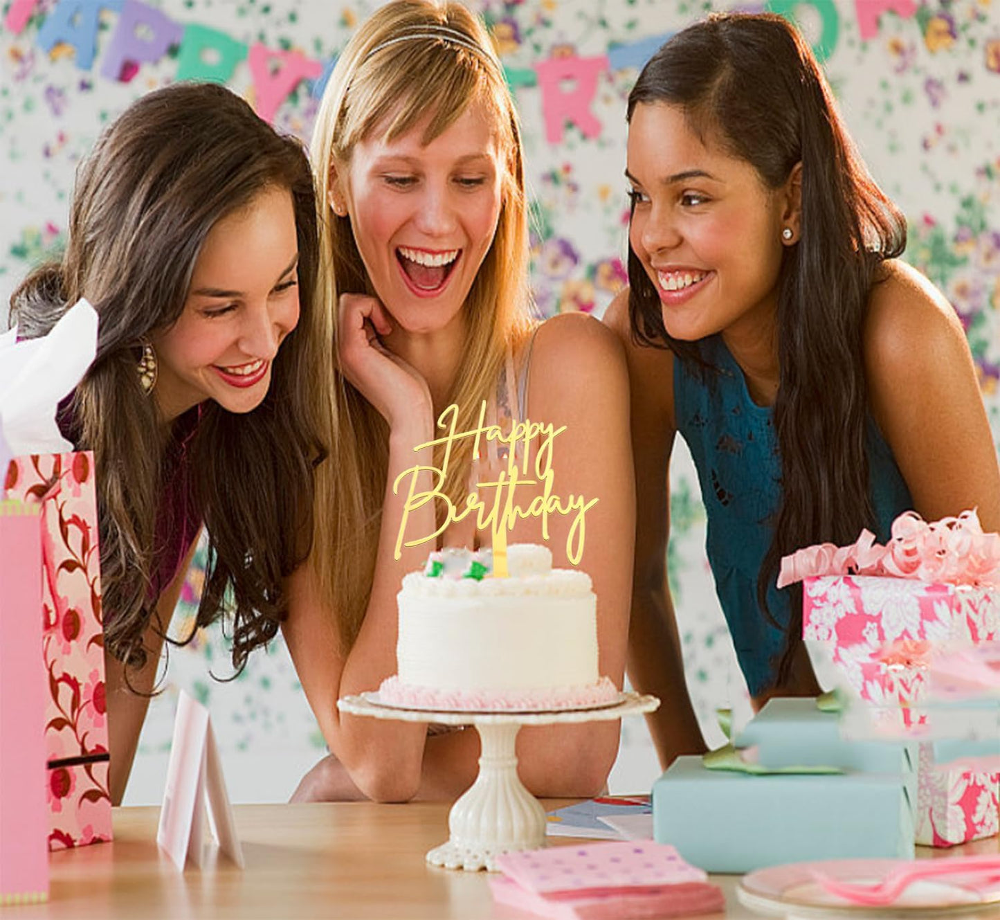 Happy Birthday Cake Topper, Gold Mirror Acrylic Happy Birthday Cake Sign Decorations