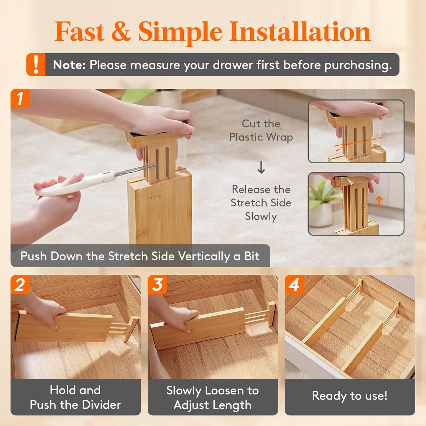 Lifewit 8 Pack Drawer Dividers Bamboo 4" High, 12-17" Adjustable Drawer Organizers for Clothes, Expandable Dresser Separators in Bedroom/Bathroom/Kitchen/Fridge/Office Organization and Storage