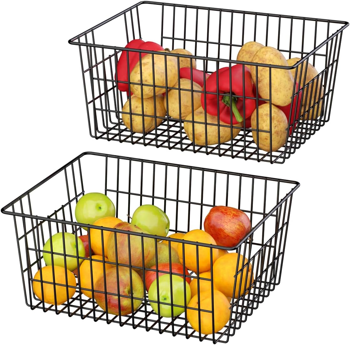 SANNO Large Freezer Baskets Metal Storage Organizer Bin Basket Wire Storage Basket for Kitchen Pantry Bathroom Large Metal Farmhouse Food Fruit Produce Organizer Bins,black,8