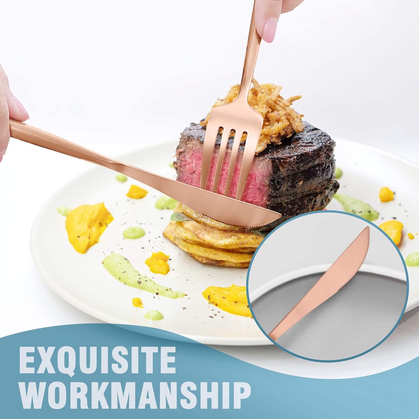 Matte Rose Gold Silverware Set for 4,Modern Stainless Steel Brushed Cutlery Set,20-Pieces Heavy Duty Flatware Set,Knives Spoons and Forks Set Utensils Set, Satin Finish, Dishwasher Safe