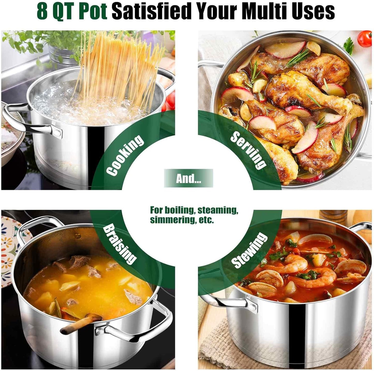 P&P CHEF 8 Quarts Cooking Stock Pot with Lid, Stainless Steel Stockpot Induction Pot for Soup, Tri-Ply Bottom & Clear Glass Lid & Double Handle, Dishwasher Safe