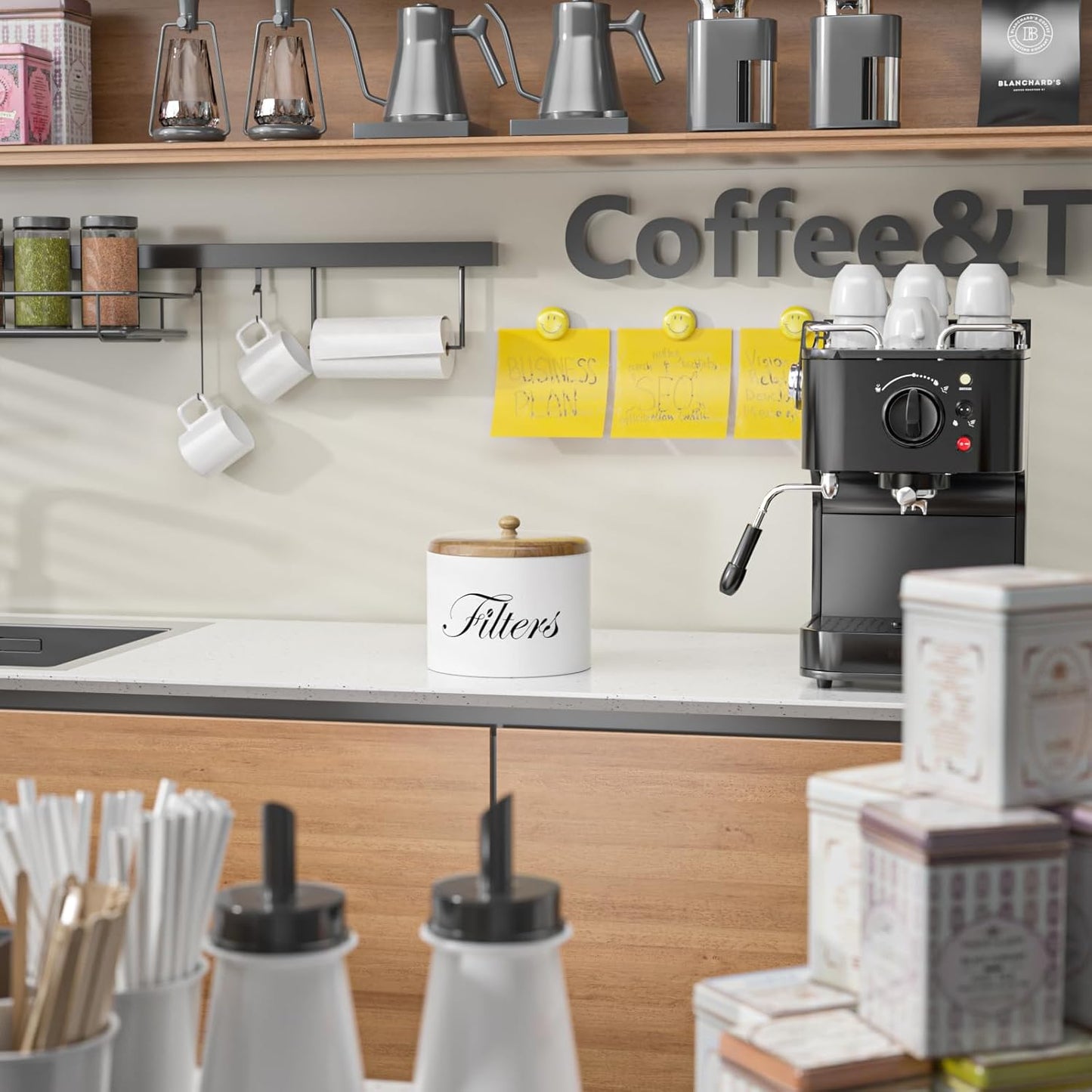 Coffee Filter Holder, Wooden Coffee Filter Storage with Lid, Round Coffee Filter Container for Counter, Rustic Farmhouse Coffee Bar Accessories Decor (White)