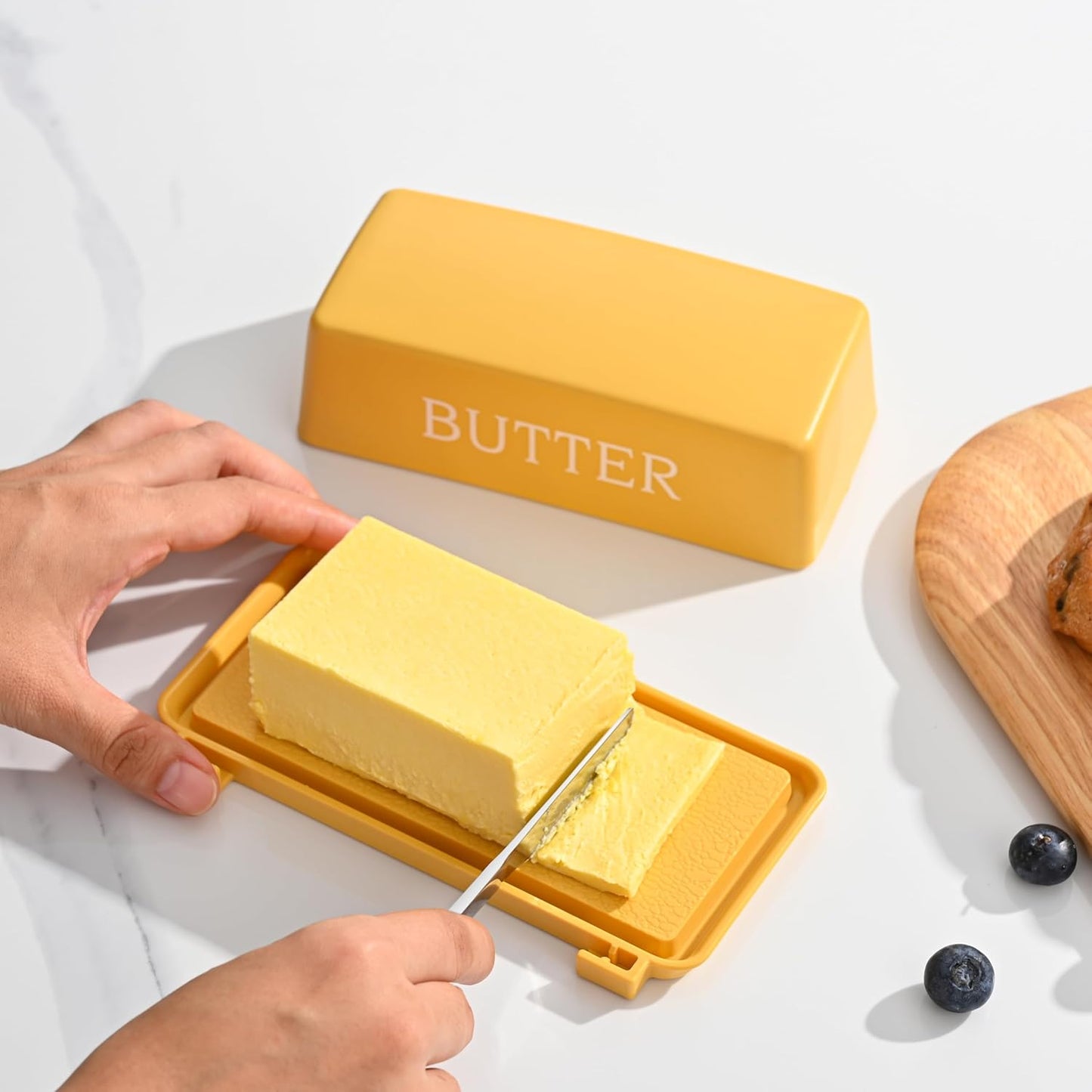 Butter Tray With Cover And Knife,Food Grade Plastic Butter Dishes With Lid And Stainless Steel Cheese Knife For Countertop,Yellow Cheese Storage Container