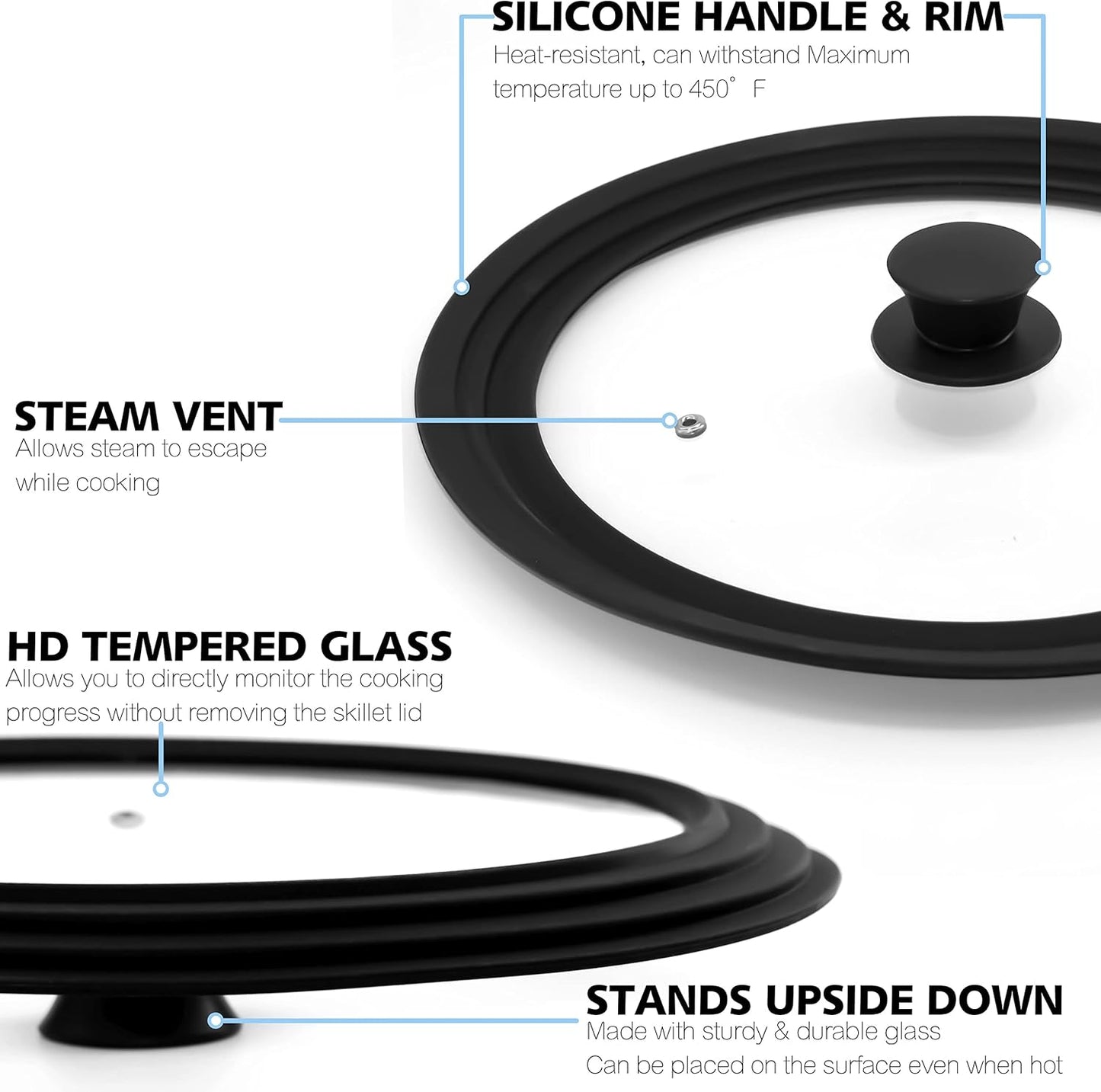 Anaeat Silicone Universal Lid for Pots, Pans and Skillets - Tempered Glass Covered with Heat Resistant Silicone Rim Fits 8", 8.5" and 9.5" Diameter Cookware -Easy to Use Replacement Frying Pan Cover