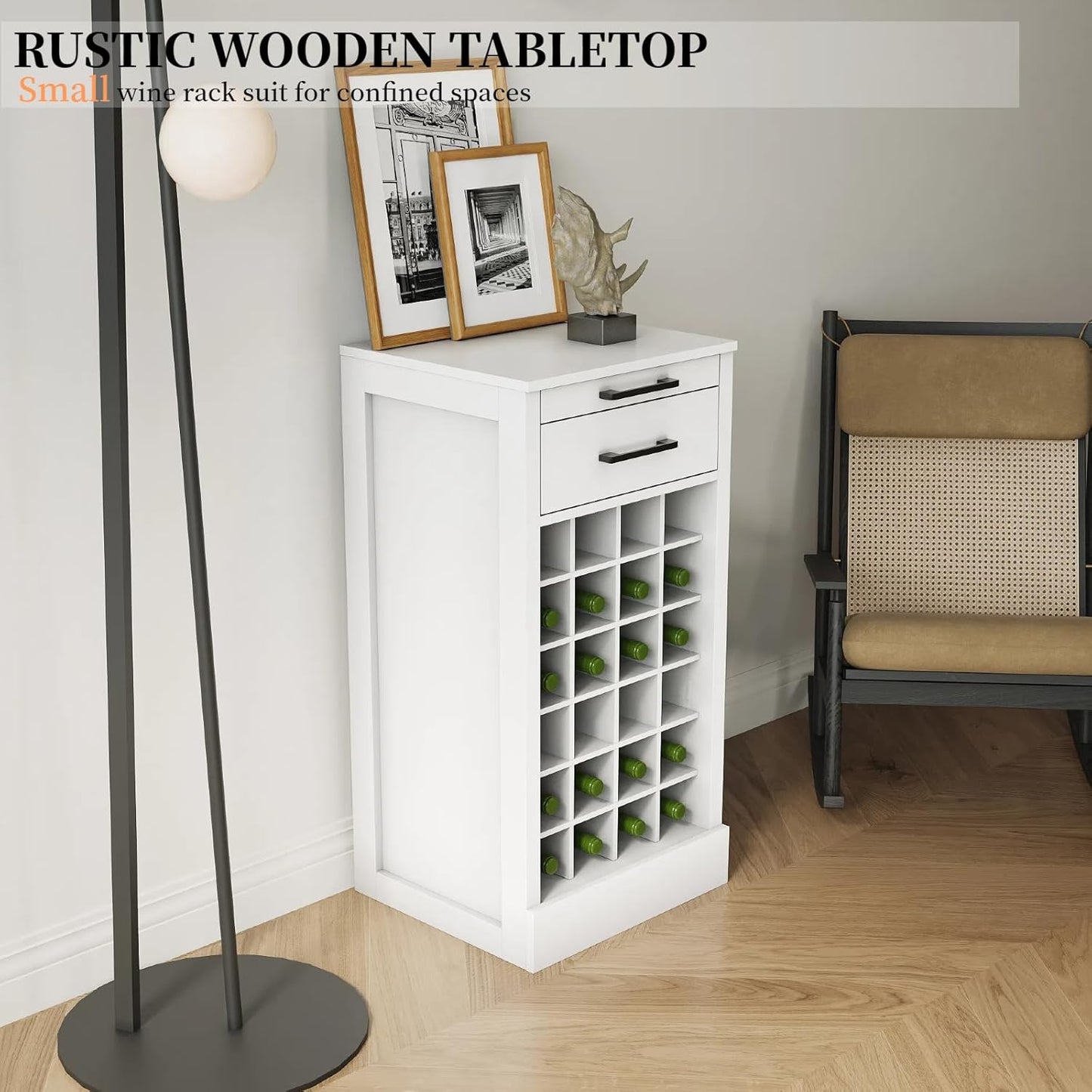 WERSMT 6-Tier Wine Rack Freestanding Floor with 2 Drawers, 24 Bottles Wood Wines Racks Counter for Small Space, Farmhouse Stackable Modular Wine Bottle Holder Rack, White