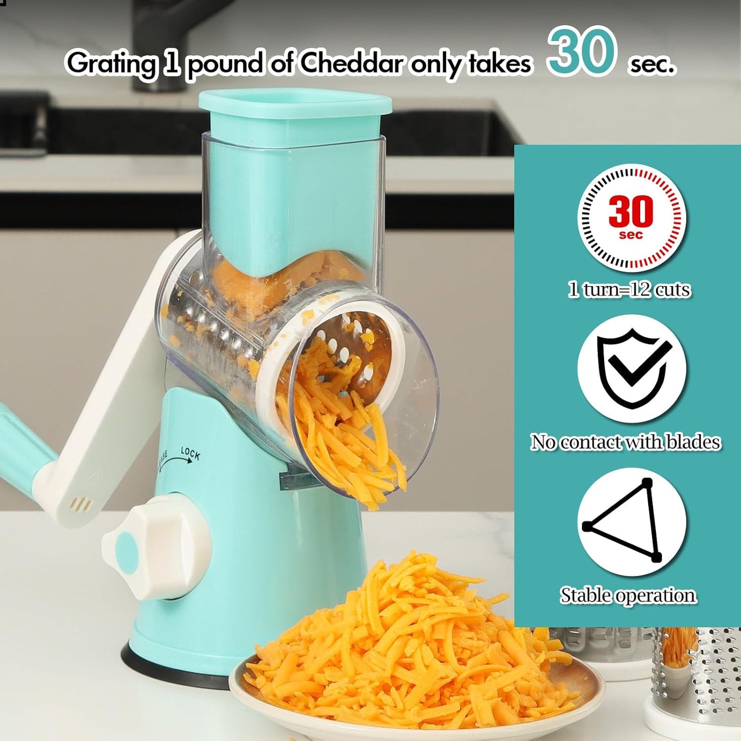 Ourokhome Rotary Cheese Grater Hand Crank, Kitchen Shredder Speed Mandolin Slicer Ice Shaver with Handle and Drum Blades for Cheese, Vegetable, Nuts, Chocolate, Potato, Carrot, 5 Blades, Blue