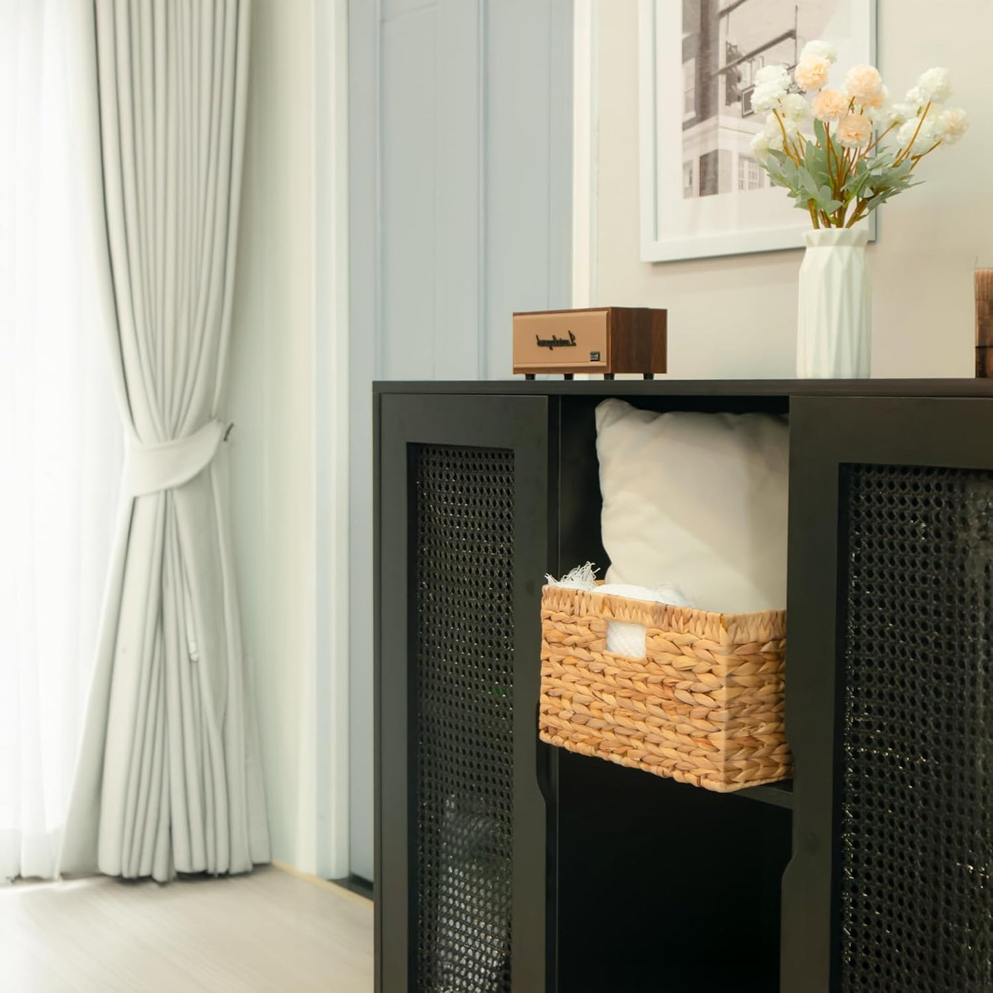 KOKODO 16.5"Lx13"W Large Wicker Storage Baskets with Chalkboard, Stylish and Durable Water Hyacinth Rectangle Handwoven Basket Bin with Metal Frame & Handle for Room Organizing